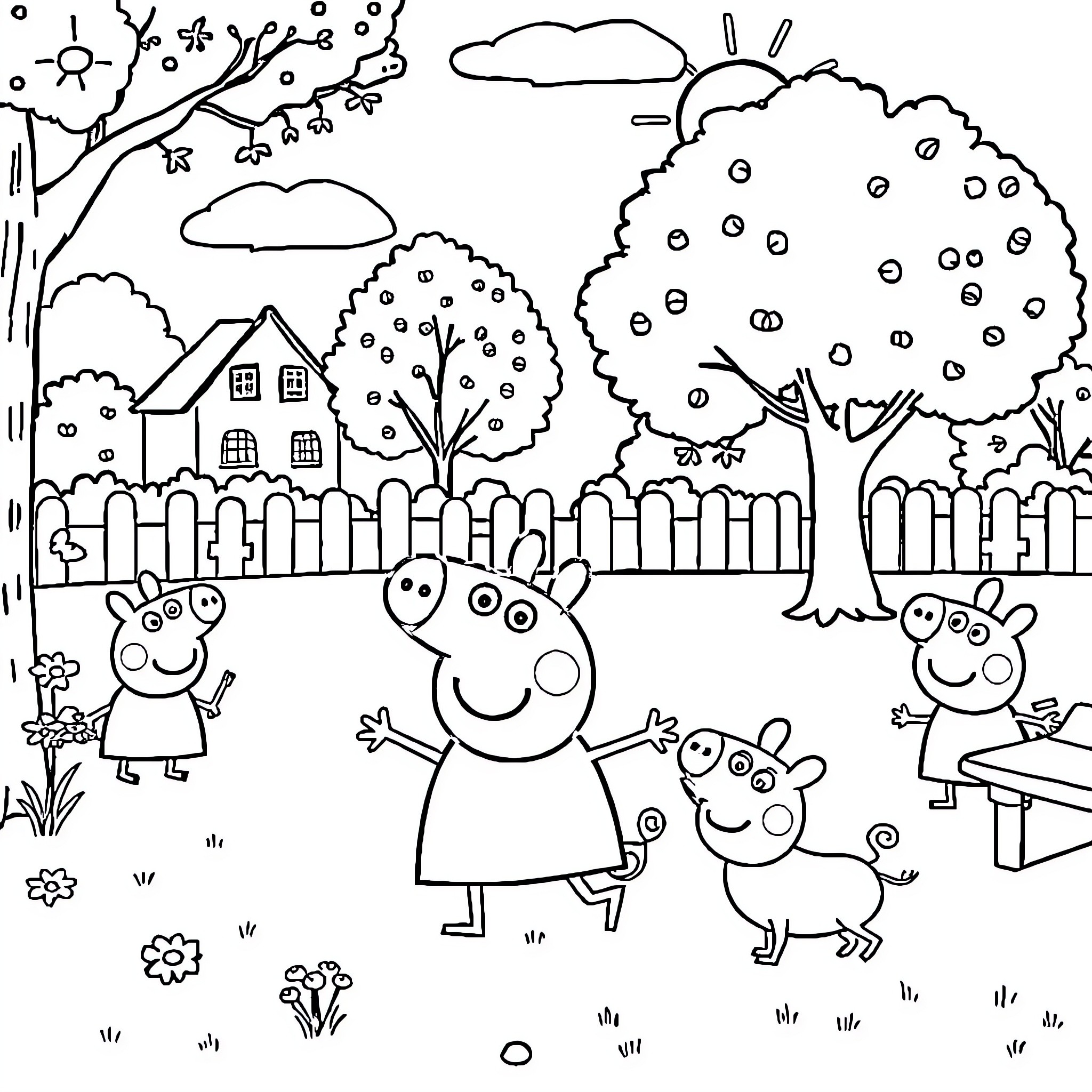Peppa Pig family enjoying outdoor activities Coloring Page (free black-and-white line drawing printable PDF for all, from beginners to advanced learners, including children, teens, adults, and seniors)