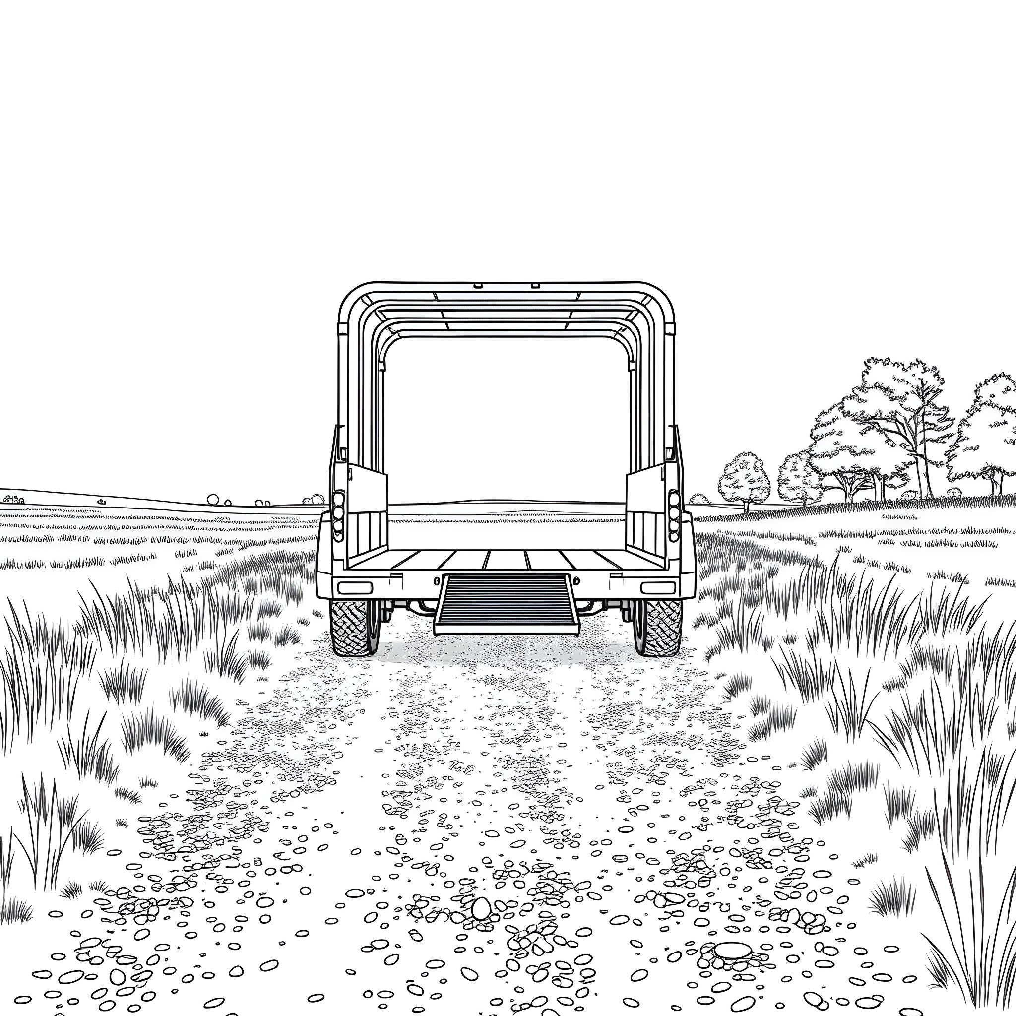 Car Trailer Transporting Goods on a Rural Pathway Coloring Page (free black-and-white line drawing printable PDF for all, from beginners to advanced learners, including children, teens, adults, and seniors)