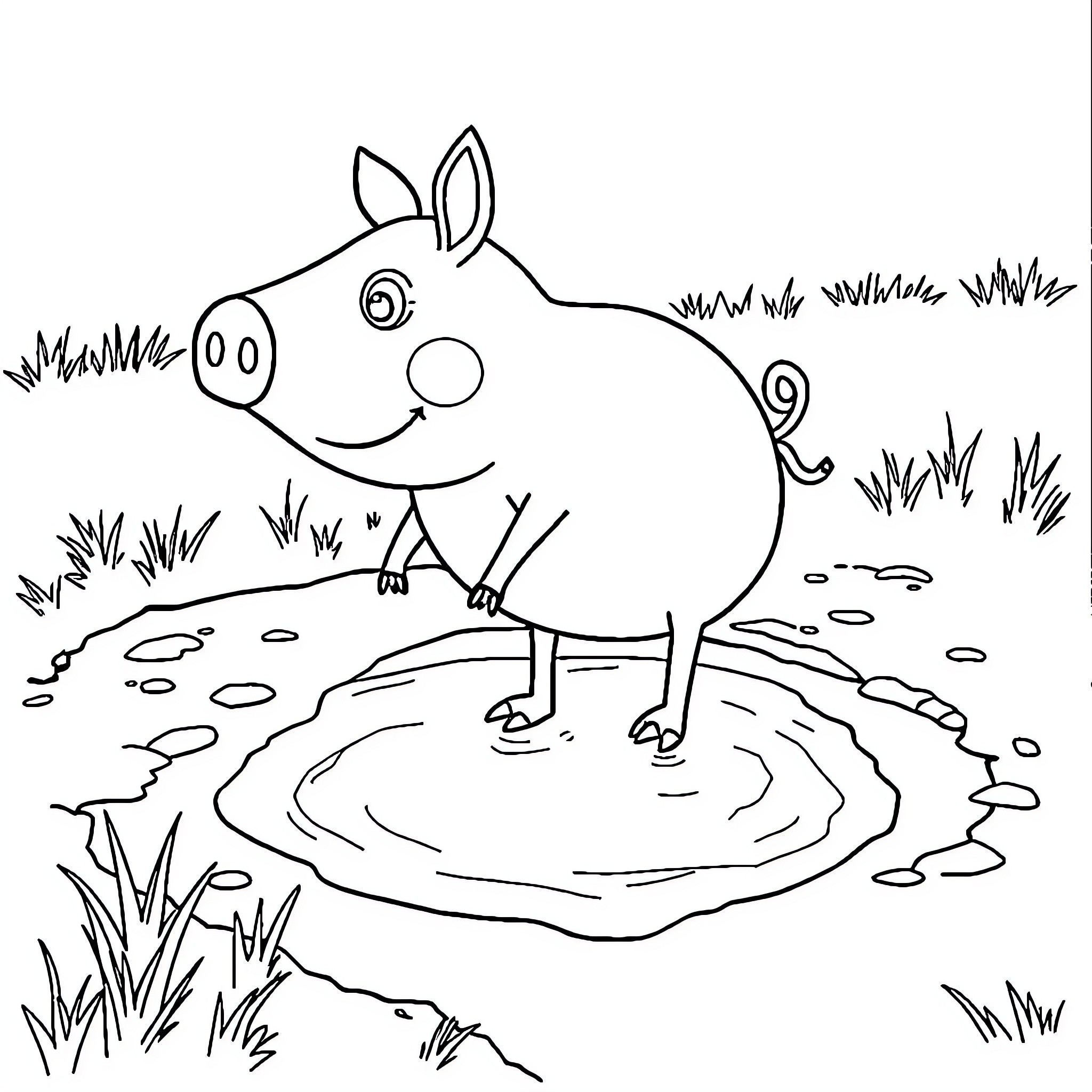 Papa Pig playing cheerfully in the mud puddle Coloring Page (free black-and-white line drawing printable PDF for all, from beginners to advanced learners, including children, teens, adults, and seniors)