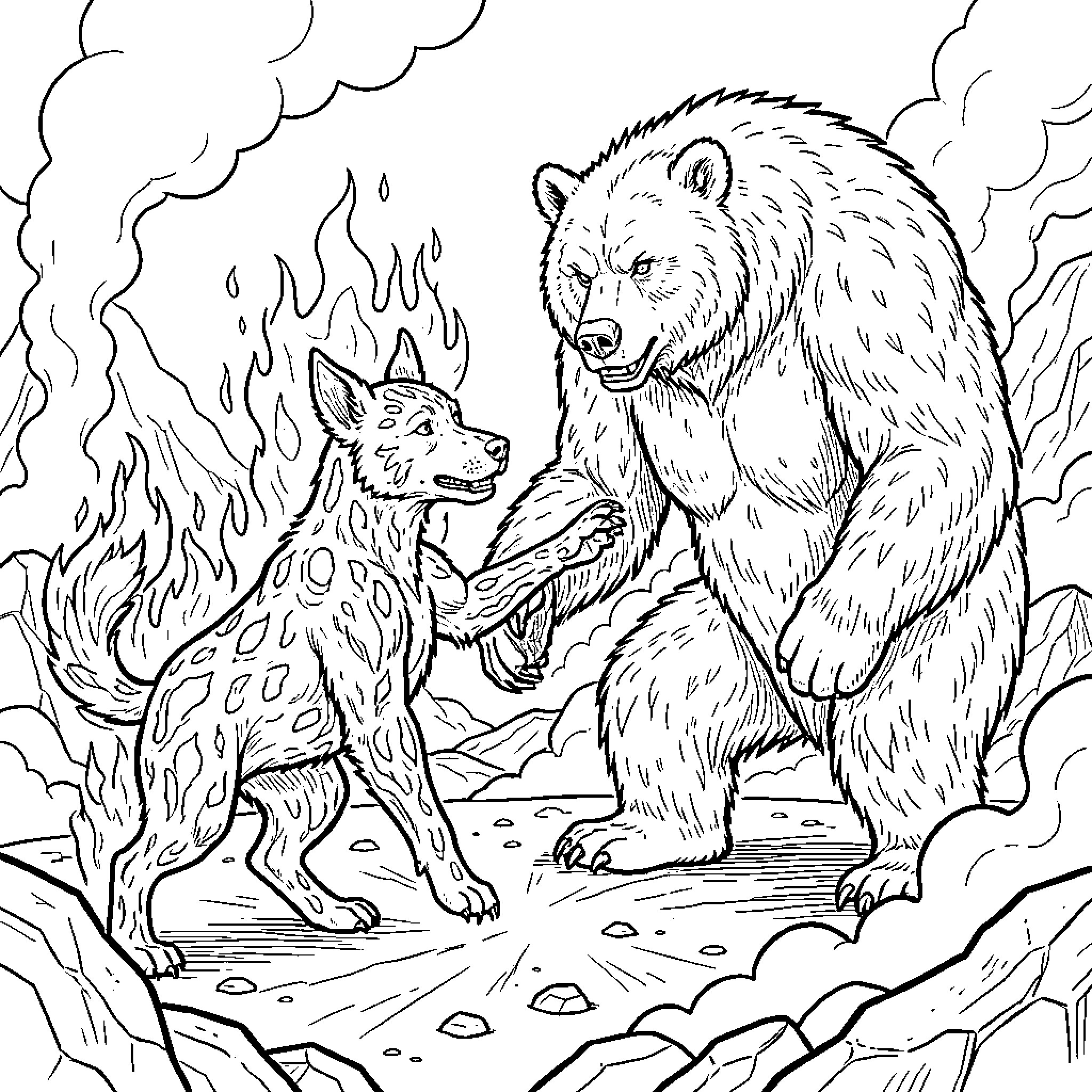 Perros salvajes en una escena de peligro Coloring Page (free black-and-white line drawing printable PDF for all, from beginners to advanced learners, including children, teens, adults, and seniors)
