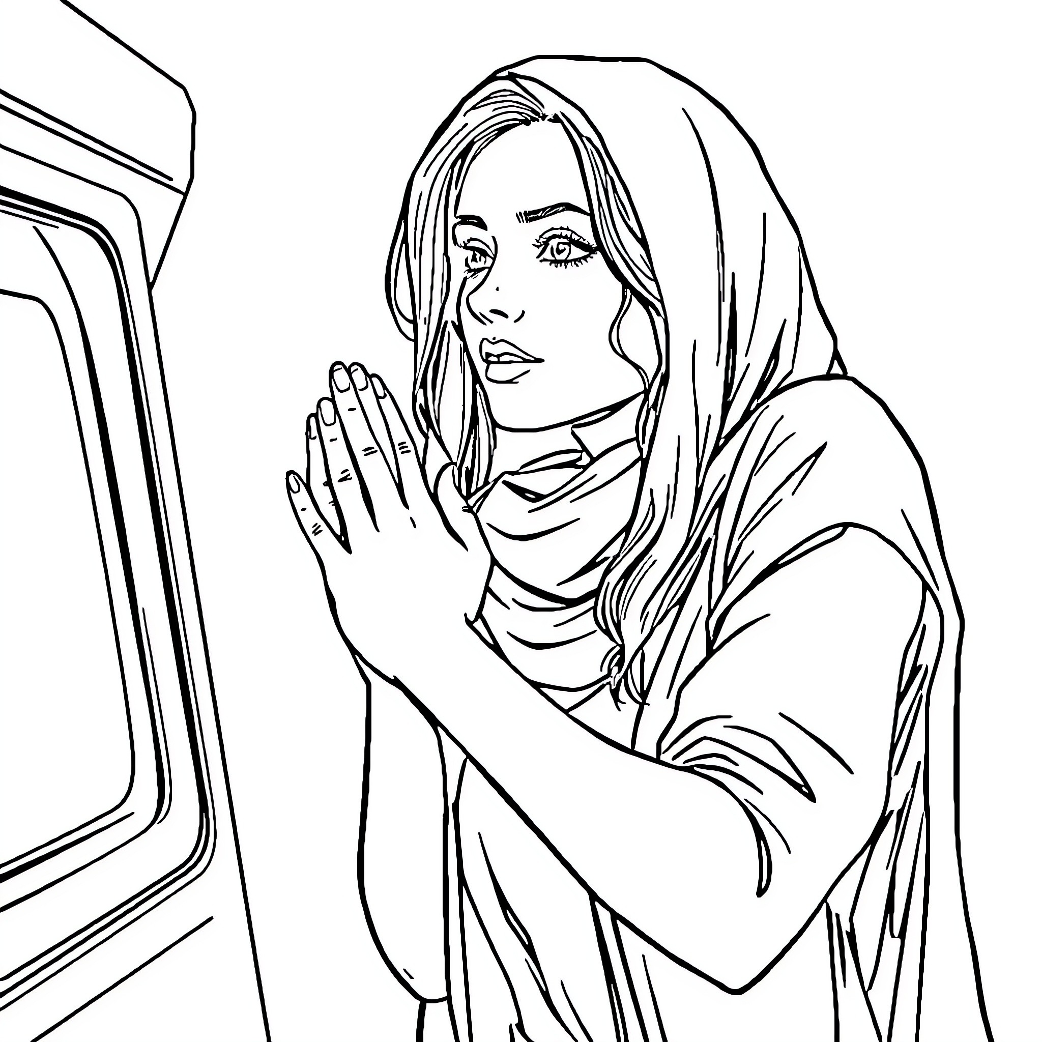 Woman in thoughtful contemplation by window Coloring Page (free black-and-white line drawing printable PDF for all, from beginners to advanced learners, including children, teens, adults, and seniors)