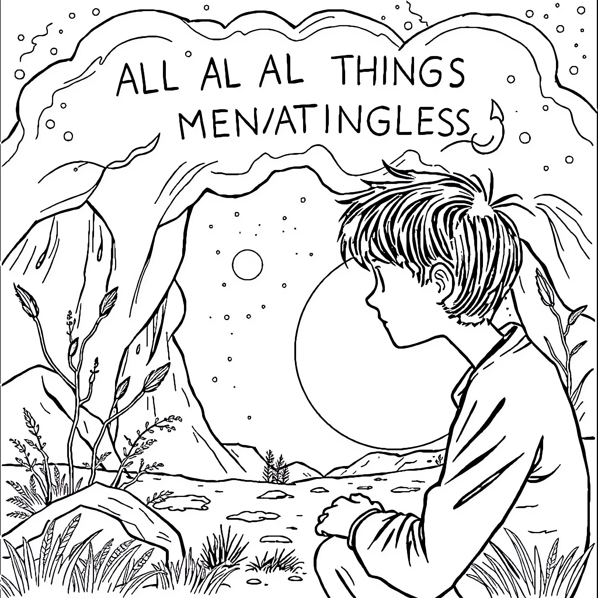 Vanity of things unending Coloring Page (free black-and-white line drawing printable PDF for all, from beginners to advanced learners, including children, teens, adults, and seniors)