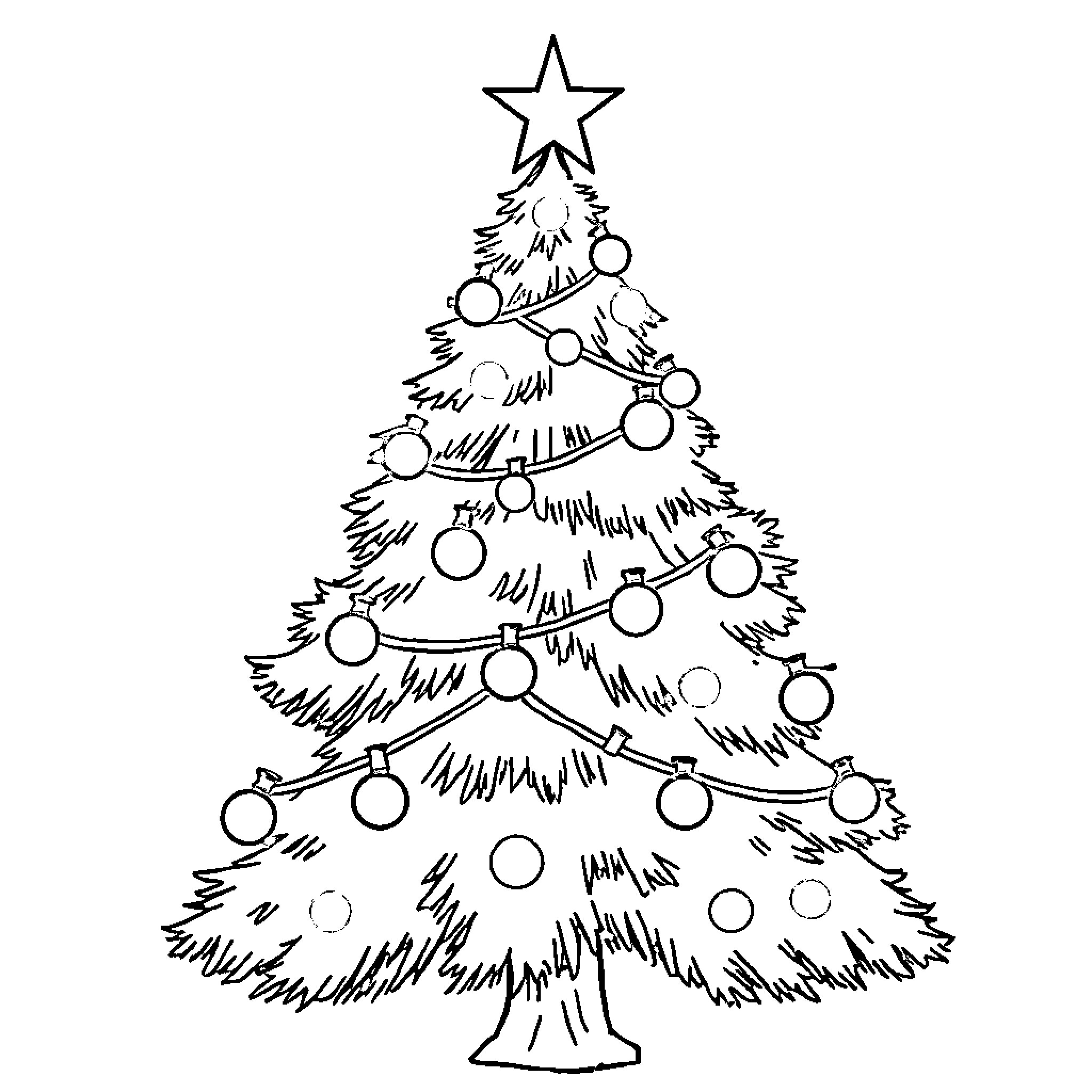 Christmas Tree with Ornaments and Star Coloring Page (free black-and-white line drawing printable PDF for all, from beginners to advanced learners, including children, teens, adults, and seniors)