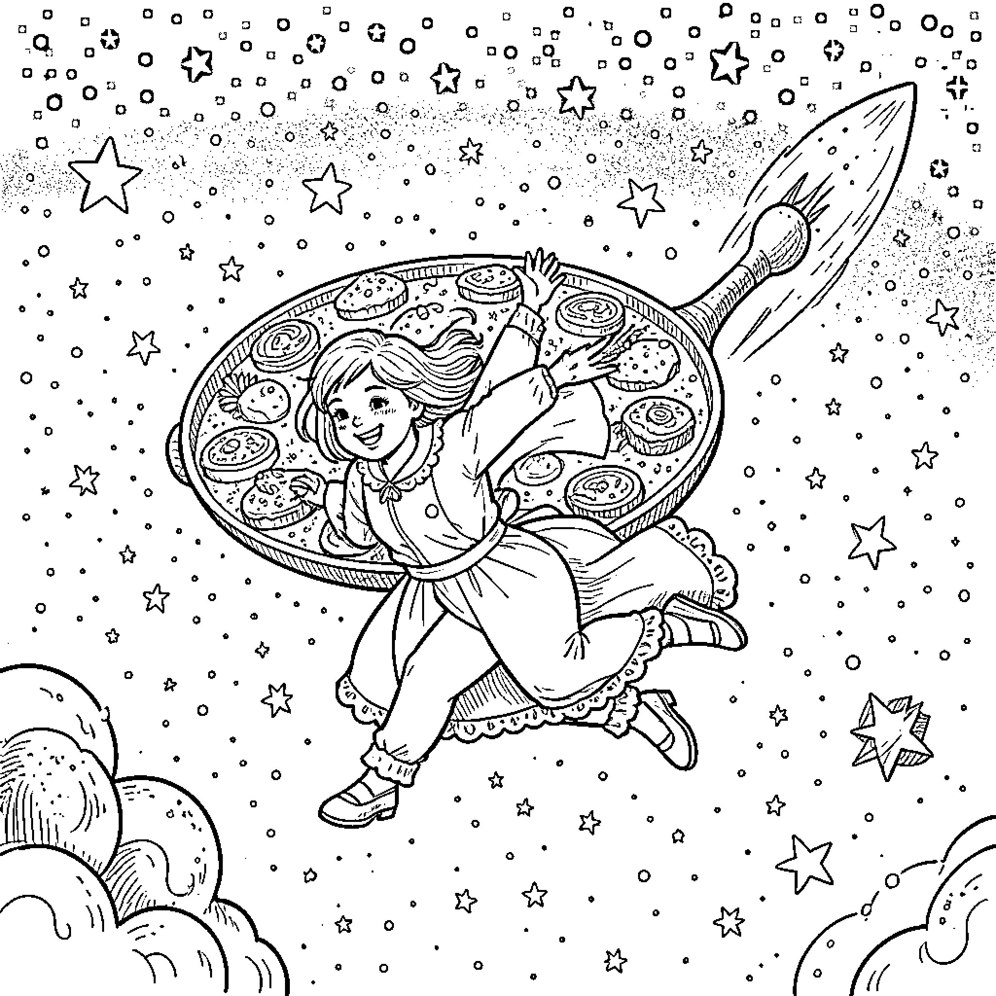 Napolitana's Magical Star Adventure Coloring Page (free black-and-white line drawing printable PDF for all, from beginners to advanced learners, including children, teens, adults, and seniors)