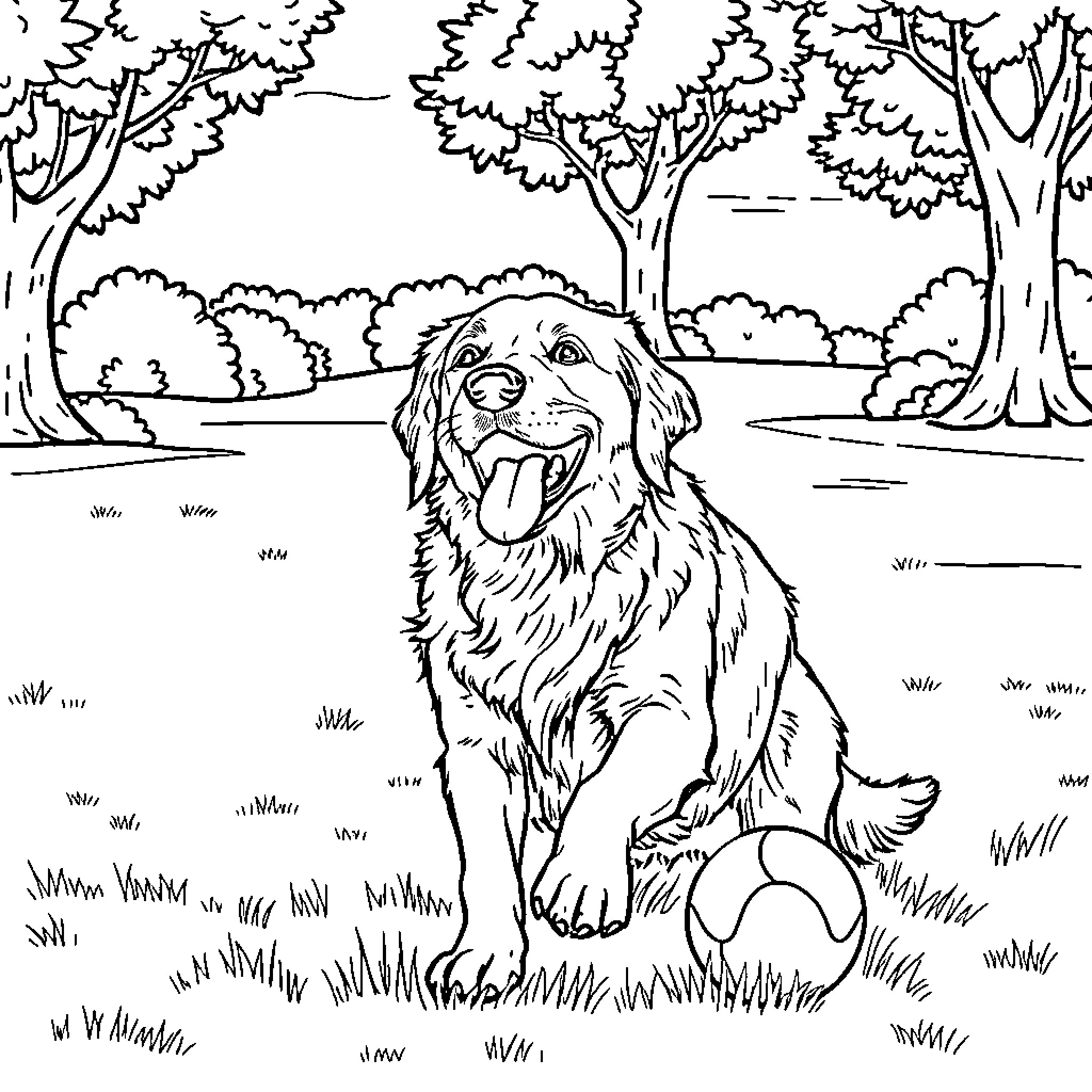 Golden Retriever happily sitting in a forest Coloring Page (free black-and-white line drawing printable PDF for all, from beginners to advanced learners, including children, teens, adults, and seniors)