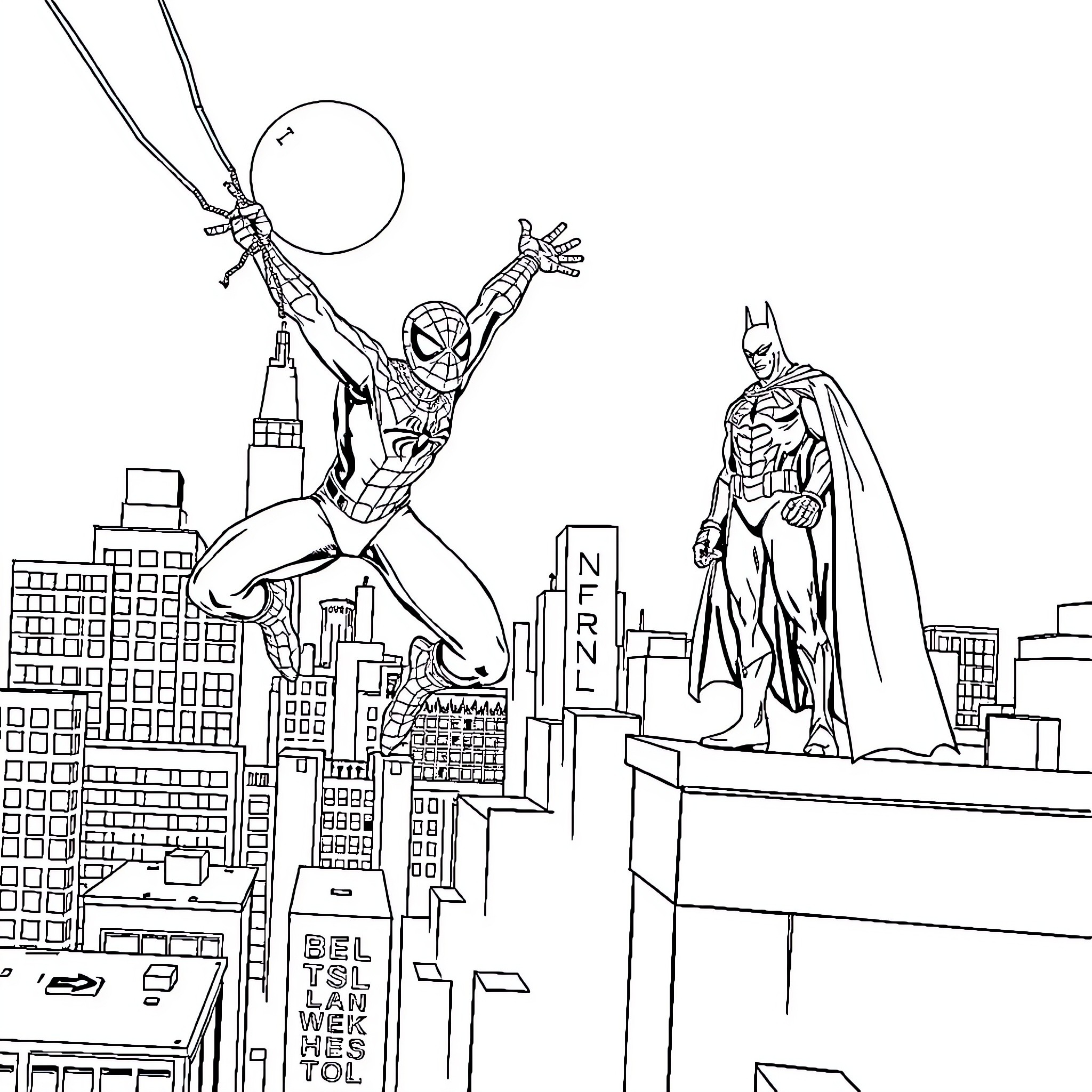 Spiderman swinging through the city with Batman overlooking Coloring Page (free black-and-white line drawing printable PDF for all, from beginners to advanced learners, including children, teens, adults, and seniors)