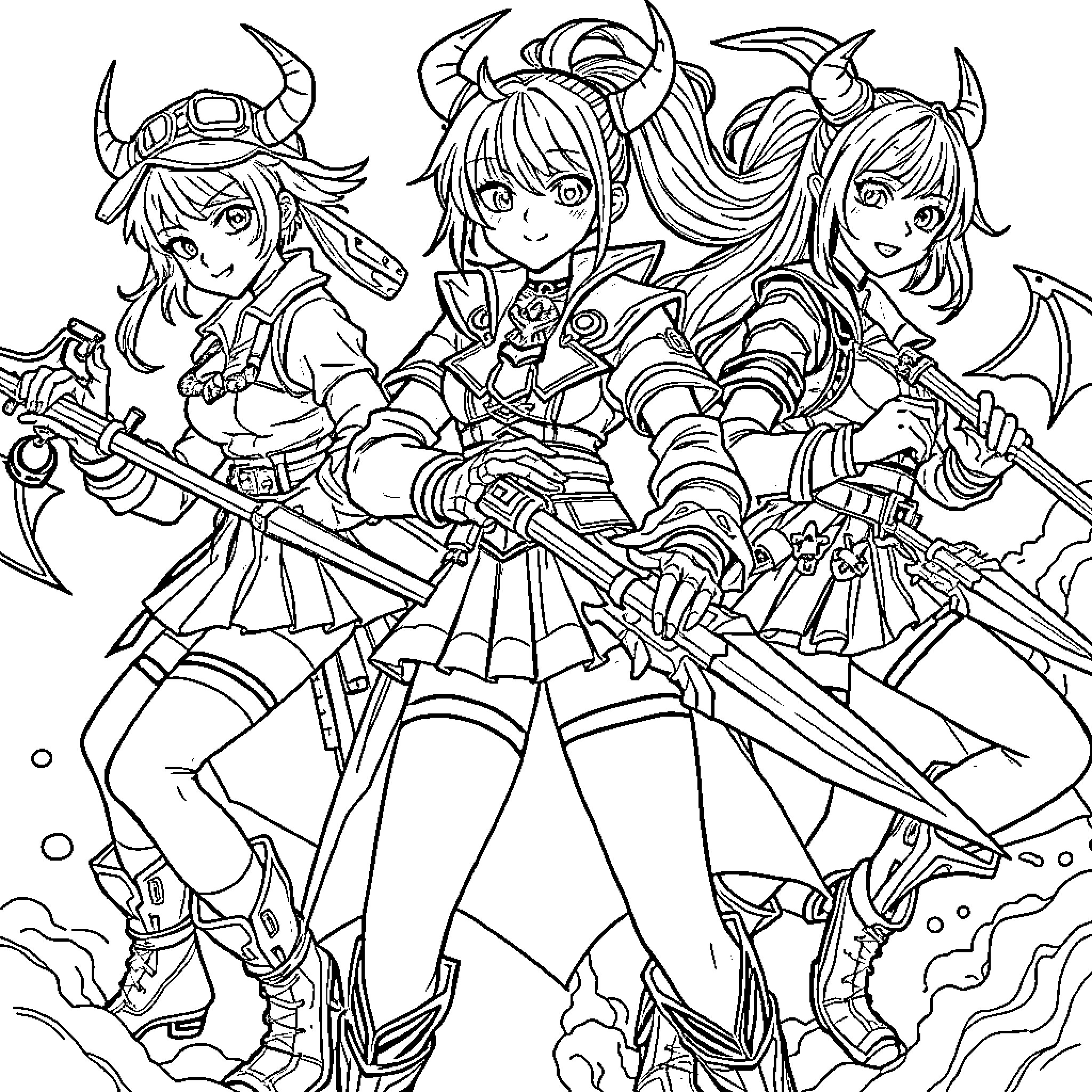 Bluey's Adventurous Trio in Fantasy Battle Coloring Page (free black-and-white line drawing printable PDF for all, from beginners to advanced learners, including children, teens, adults, and seniors)