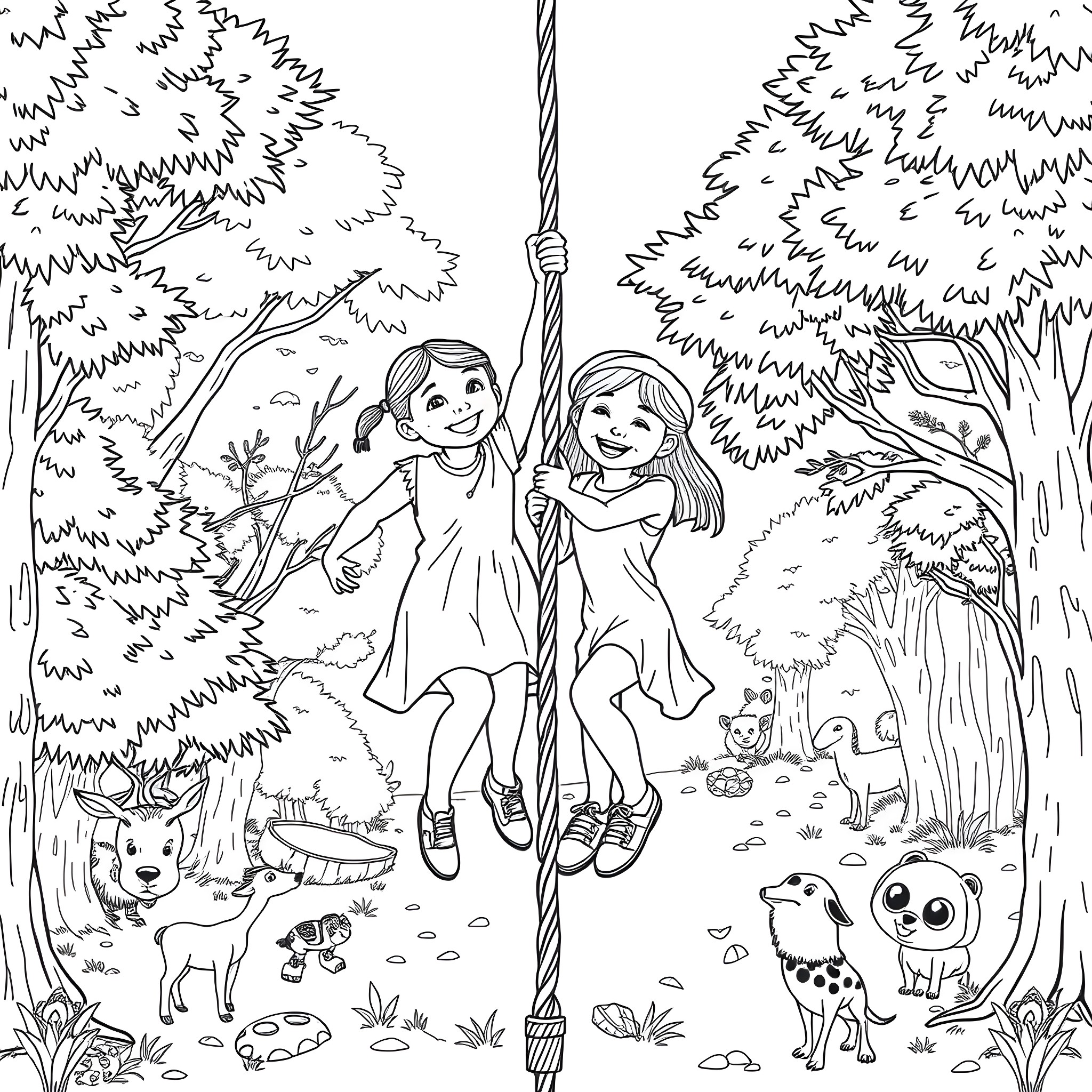 Girl playing on a swing in the forest Coloring Page (free black-and-white line drawing printable PDF for all, from beginners to advanced learners, including children, teens, adults, and seniors)