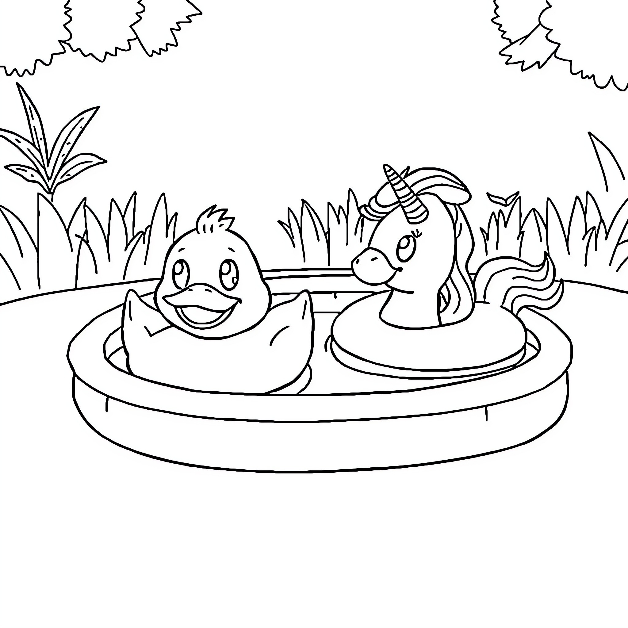 Rubber Duck Friends Relaxing in Pool Coloring Page (free black-and-white line drawing printable PDF for all, from beginners to advanced learners, including children, teens, adults, and seniors)