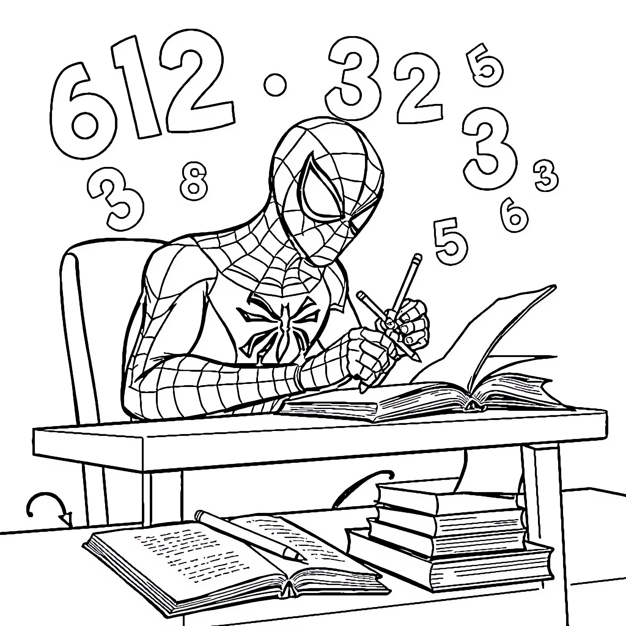 Spider-Man studying diligently at his desk Coloring Page (free black-and-white line drawing printable PDF for all, from beginners to advanced learners, including children, teens, adults, and seniors)