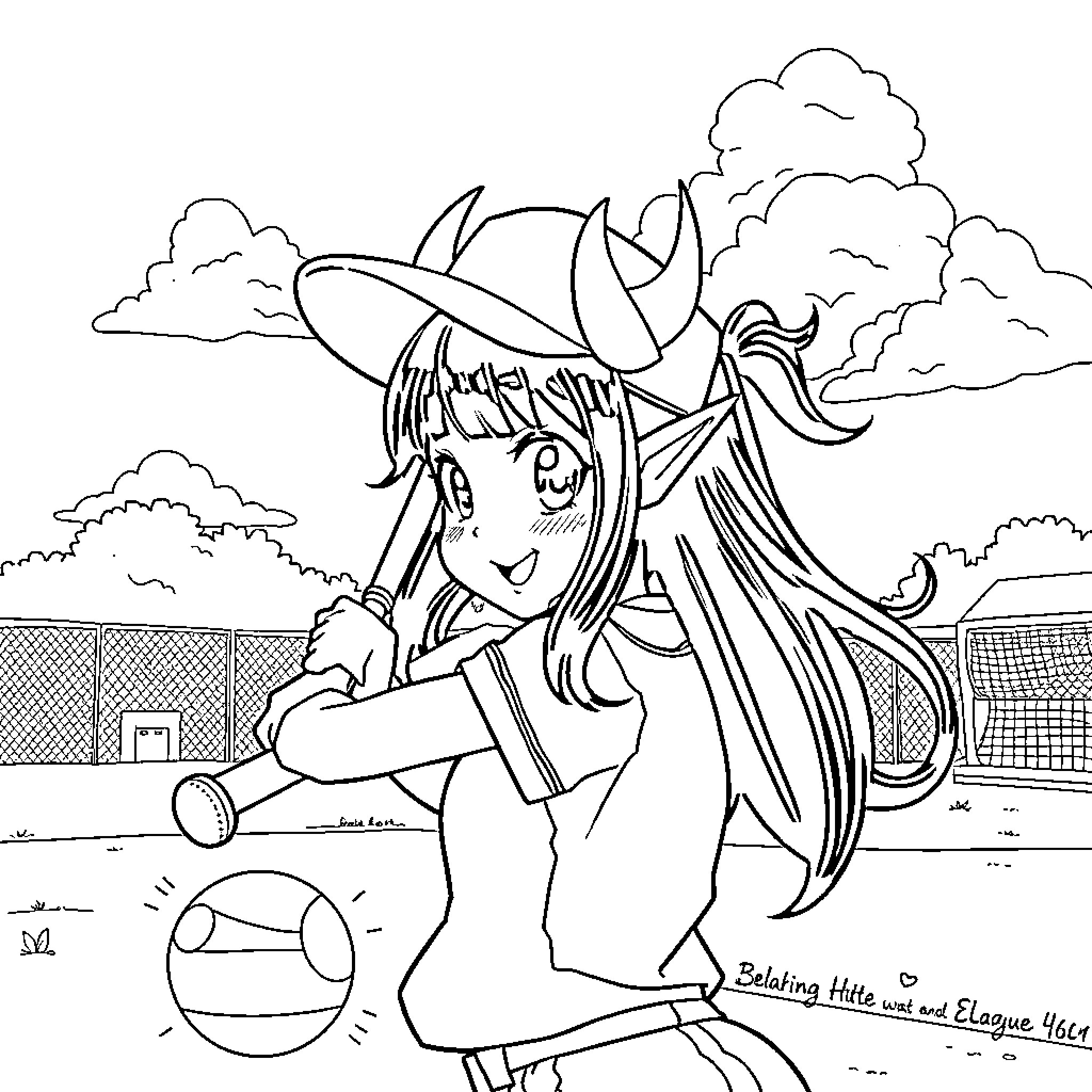 Kuromi playing baseball in an outdoor setting Coloring Page (free black-and-white line drawing printable PDF for all, from beginners to advanced learners, including children, teens, adults, and seniors)