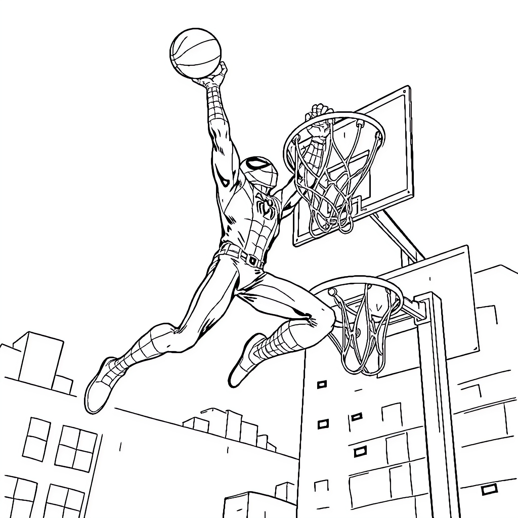 Spiderman leaping to dunk the basketball Coloring Page (free black-and-white line drawing printable PDF for all, from beginners to advanced learners, including children, teens, adults, and seniors)
