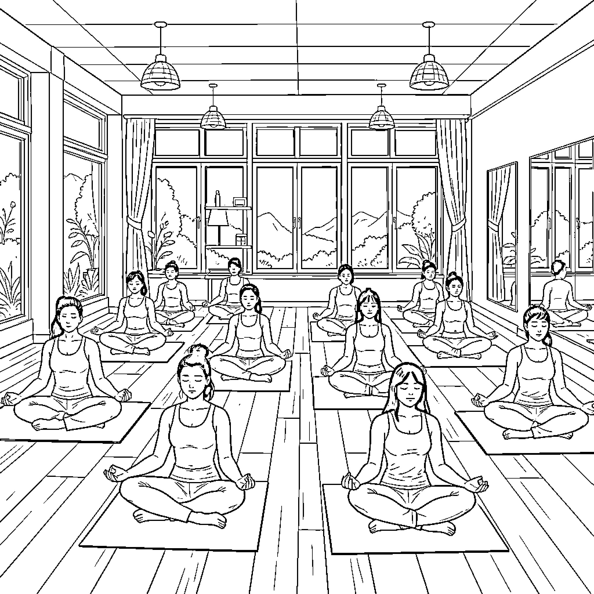 Yoga class in serene studio with natural light Coloring Page (free black-and-white line drawing printable PDF for all, from beginners to advanced learners, including children, teens, adults, and seniors)
