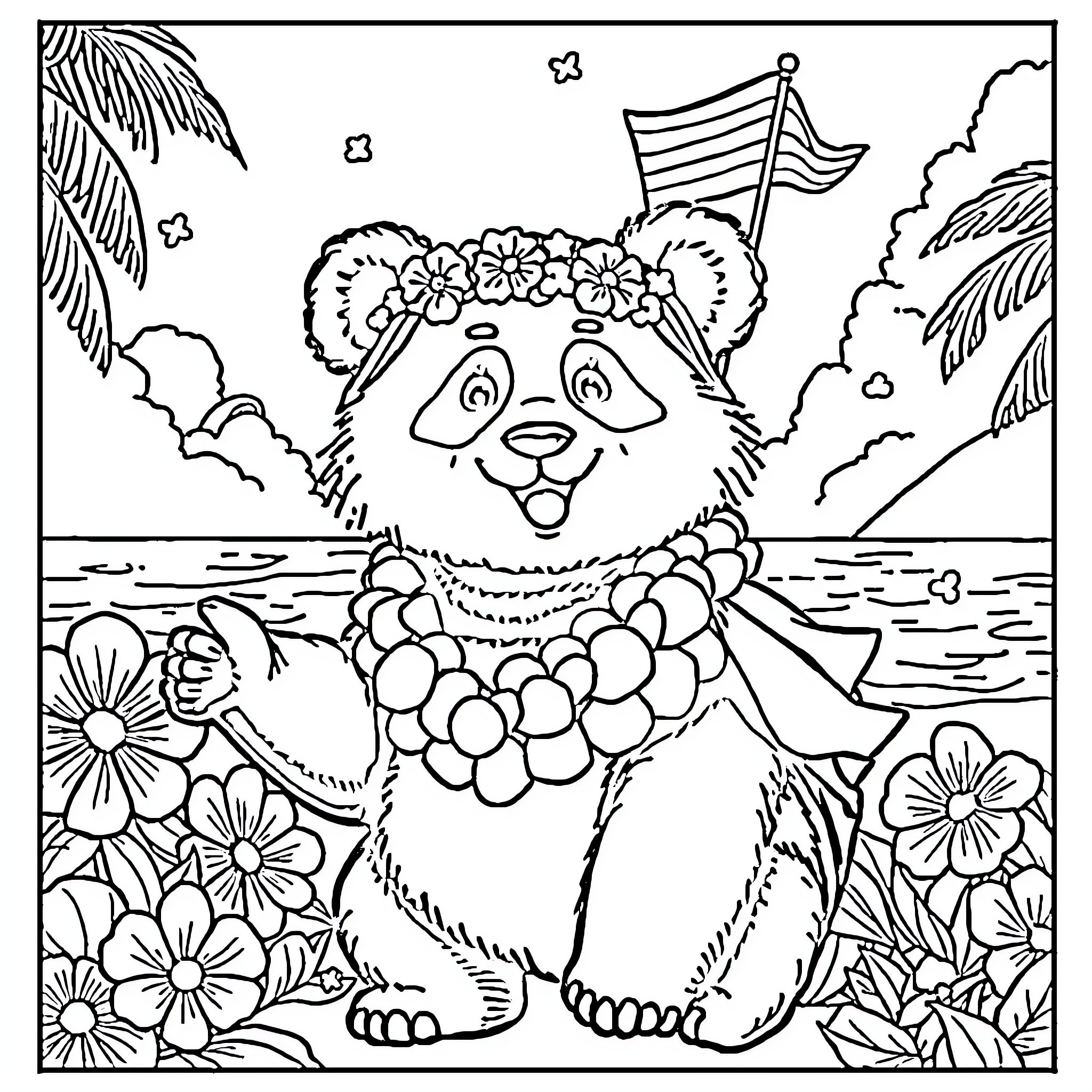 Panda wearing floral crown in a tropical landscape Coloring Page (free black-and-white line drawing printable PDF for all, from beginners to advanced learners, including children, teens, adults, and seniors)