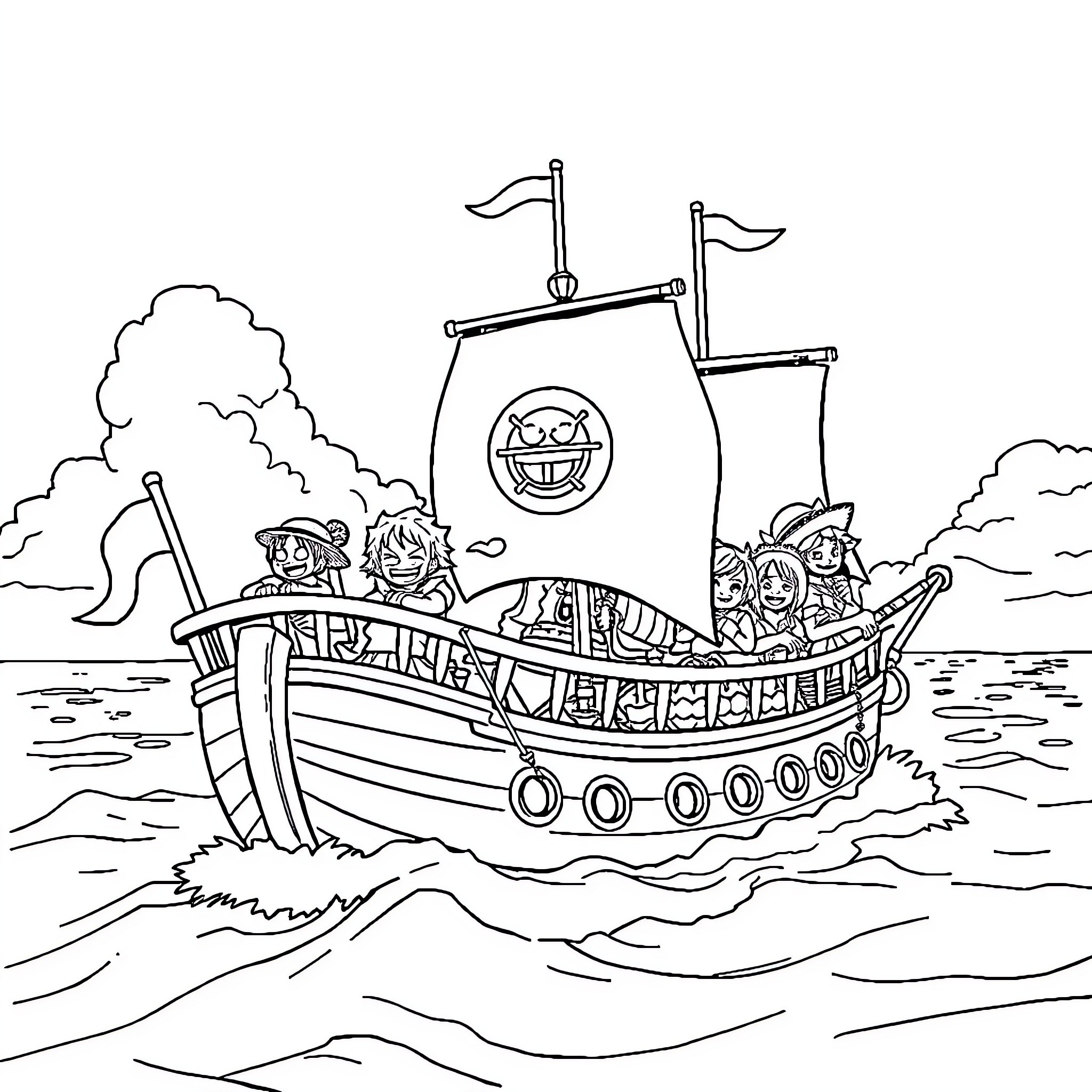 Straw Hat Crew sailing on a pirate ship Coloring Page (free black-and-white line drawing printable PDF for all, from beginners to advanced learners, including children, teens, adults, and seniors)
