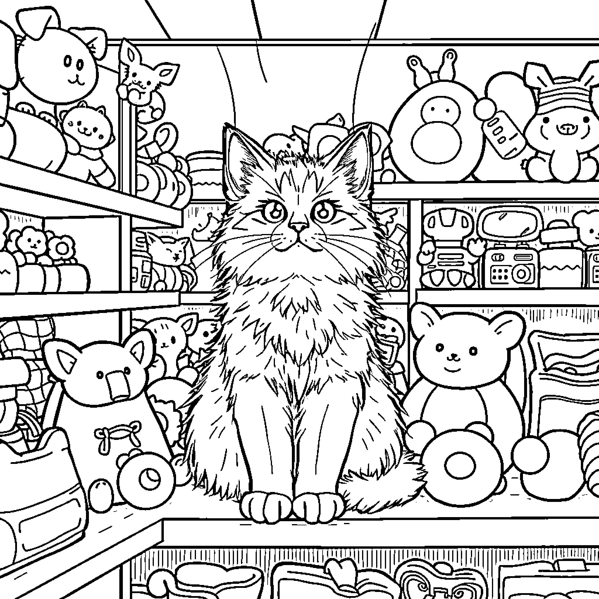 Cat surrounded by toys in a cluttered room Coloring Page (free black-and-white line drawing printable PDF for all, from beginners to advanced learners, including children, teens, adults, and seniors)