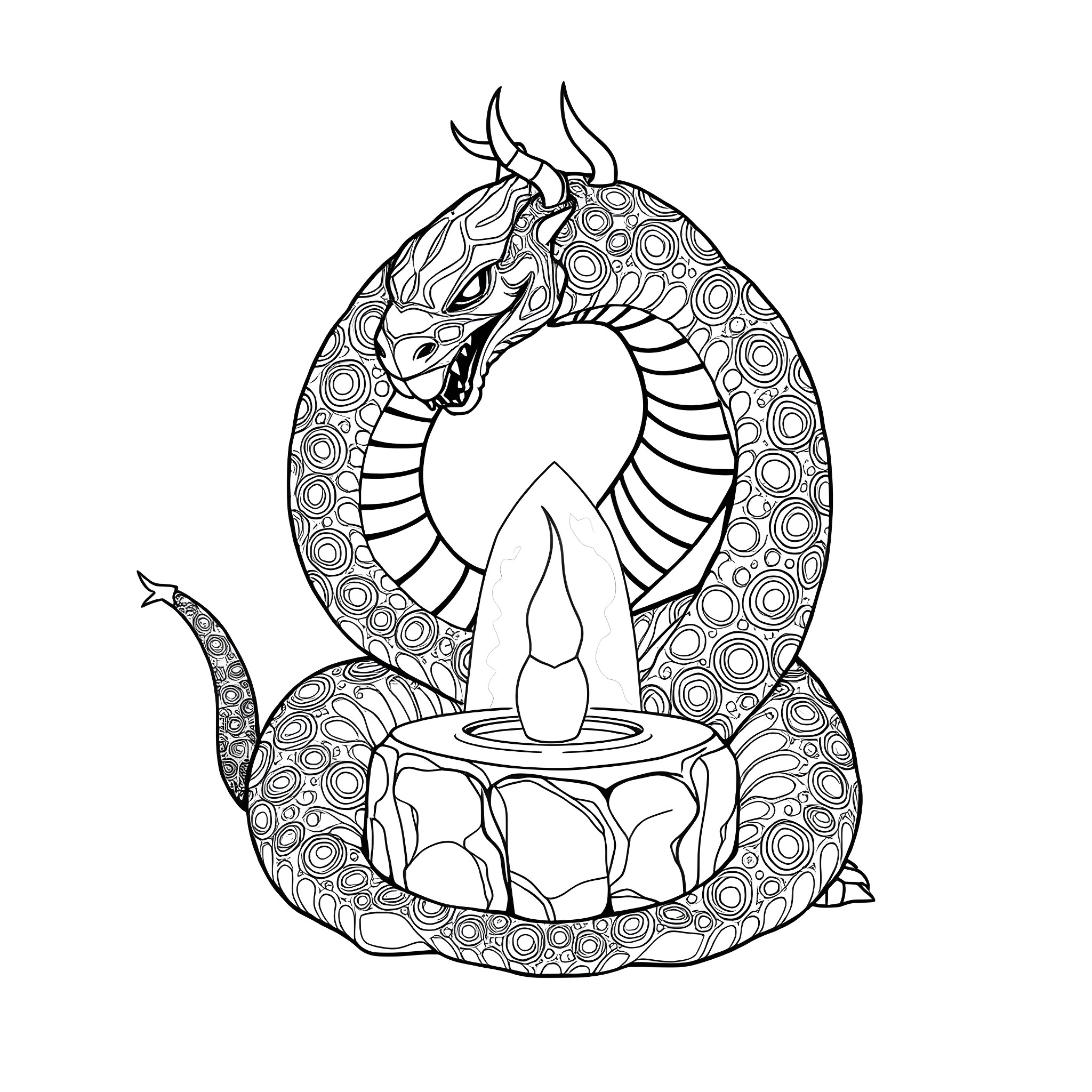 Uktena coiled around a mystical candle Coloring Page (free black-and-white line drawing printable PDF for all, from beginners to advanced learners, including children, teens, adults, and seniors)