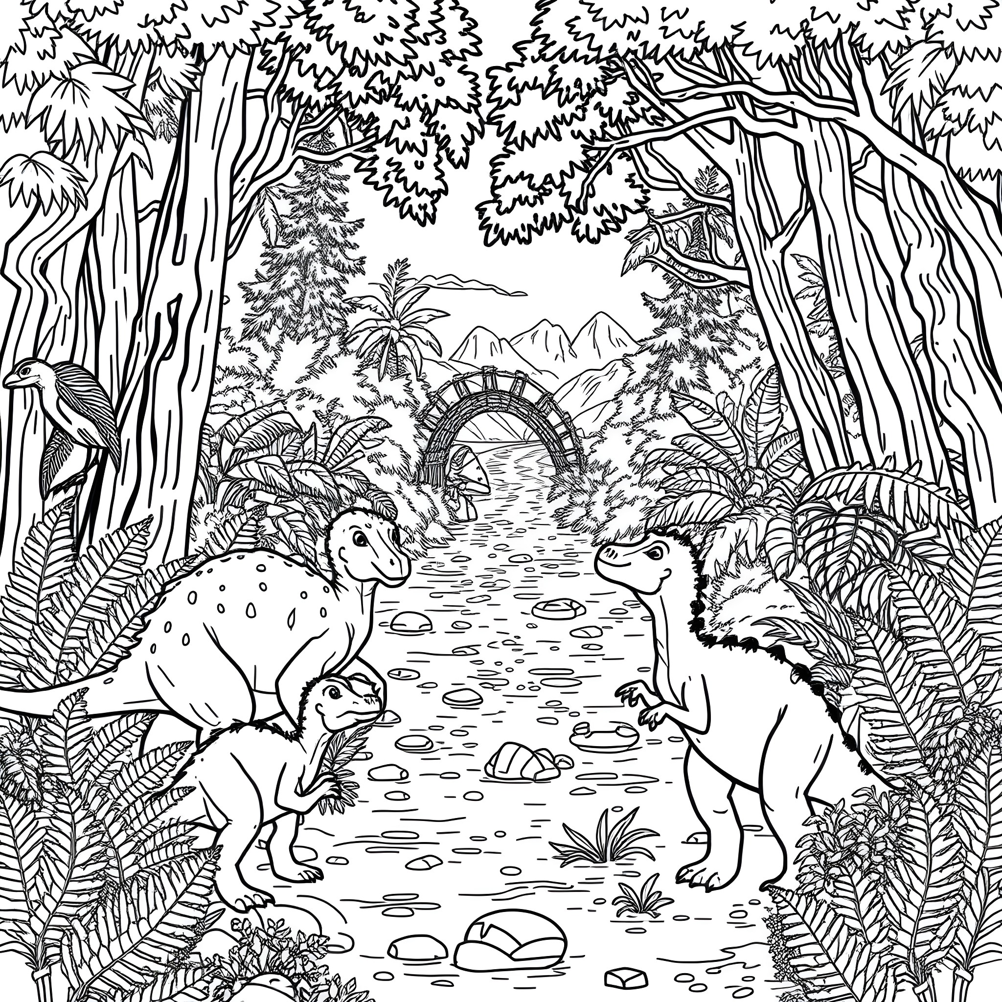 Dinosaur friends exploring the prehistoric forest Coloring Page (free black-and-white line drawing printable PDF for all, from beginners to advanced learners, including children, teens, adults, and seniors)