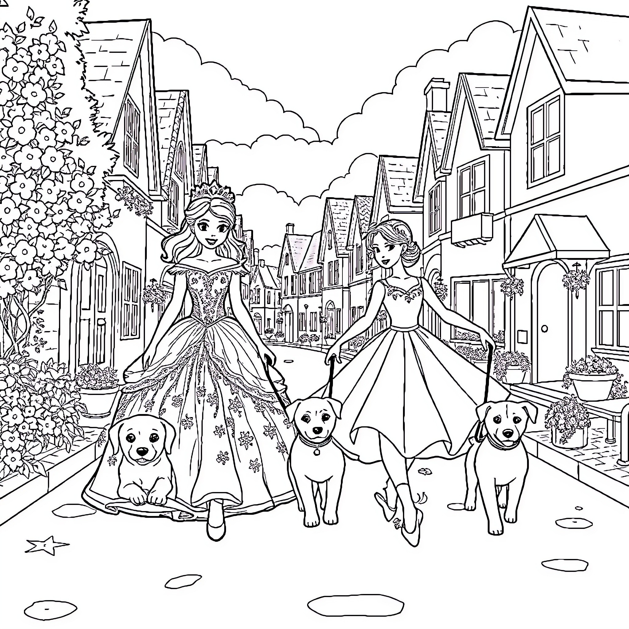 Princess Strolling Through the Enchanting Town Coloring Page (free black-and-white line drawing printable PDF for all, from beginners to advanced learners, including children, teens, adults, and seniors)