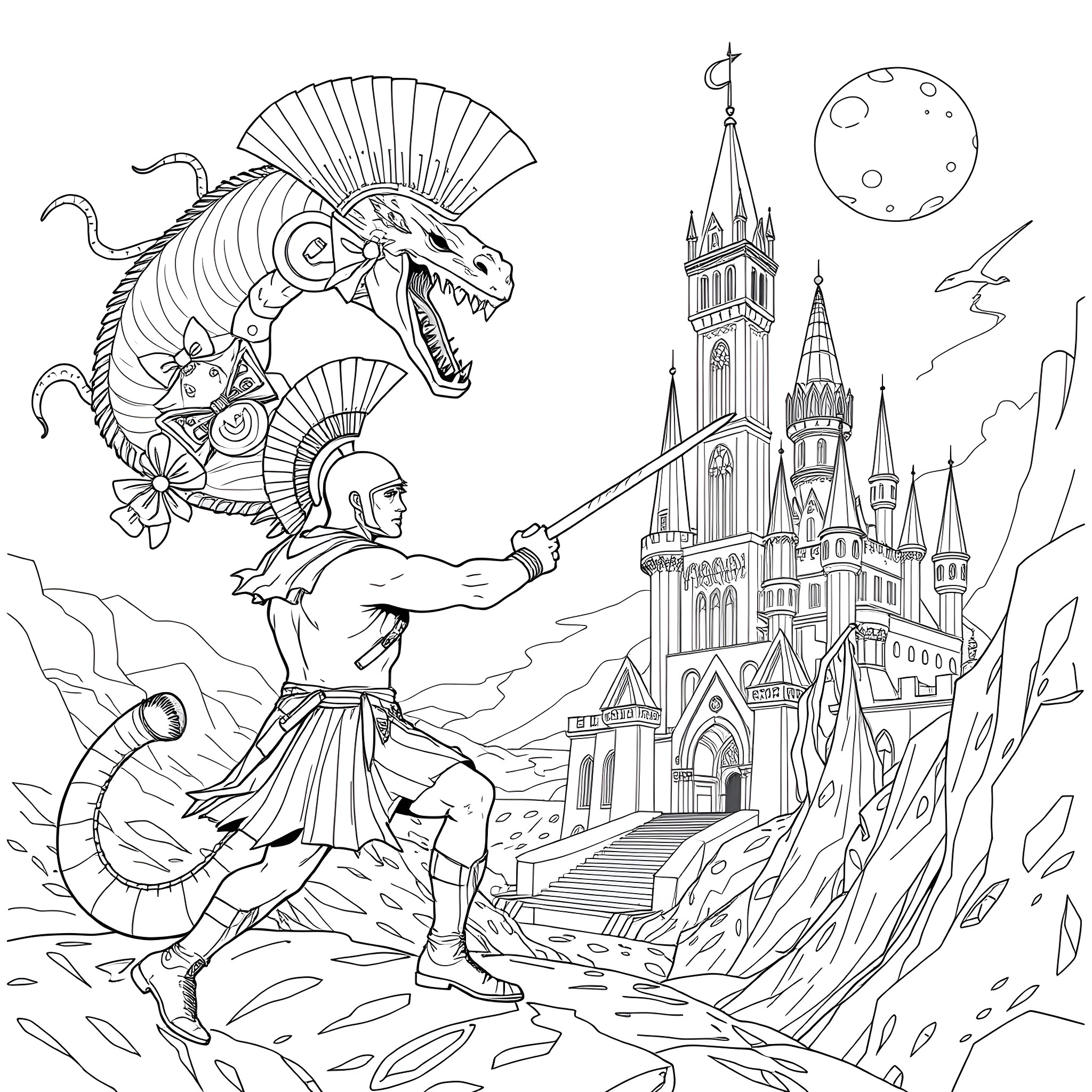 Spartan Warrior Battles Mythical Creature Near Fantasy Castle Coloring Page (free black-and-white line drawing printable PDF for all, from beginners to advanced learners, including children, teens, adults, and seniors)