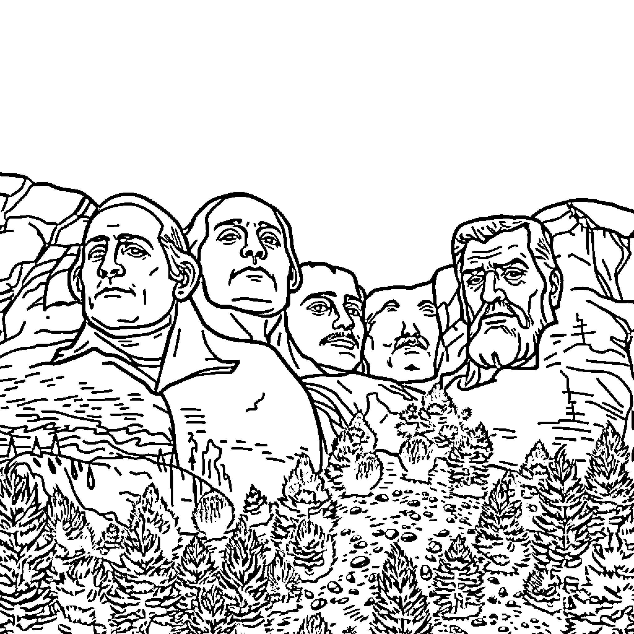 Mount Rushmore: Presidential Faces in Stone Coloring Page (free black-and-white line drawing printable PDF for all, from beginners to advanced learners, including children, teens, adults, and seniors)