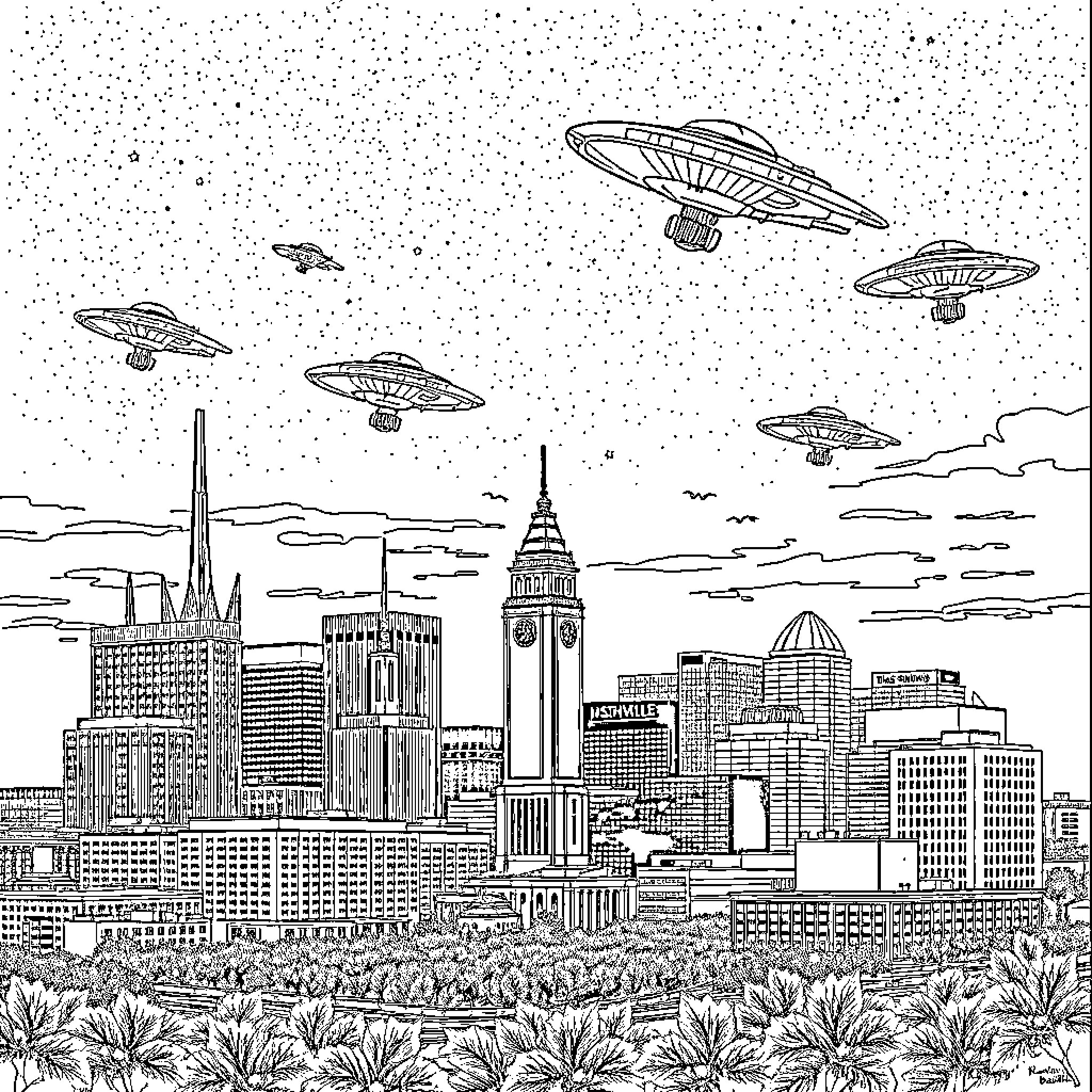 Nashville's Futuristic Skyline and Hovering Spacecraft Coloring Page (free black-and-white line drawing printable PDF for all, from beginners to advanced learners, including children, teens, adults, and seniors)