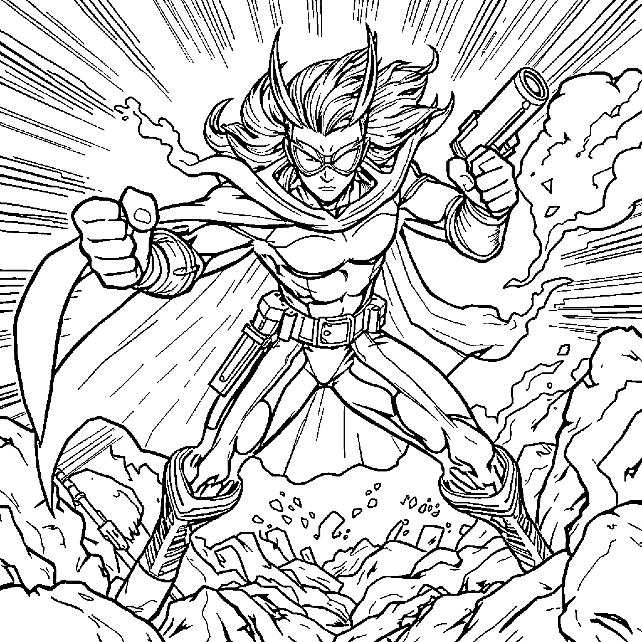 Huntrix Unleashes Heroic Fury in Explosive Action Scene Coloring Page (free black-and-white line drawing printable PDF for all, from beginners to advanced learners, including children, teens, adults, and seniors)