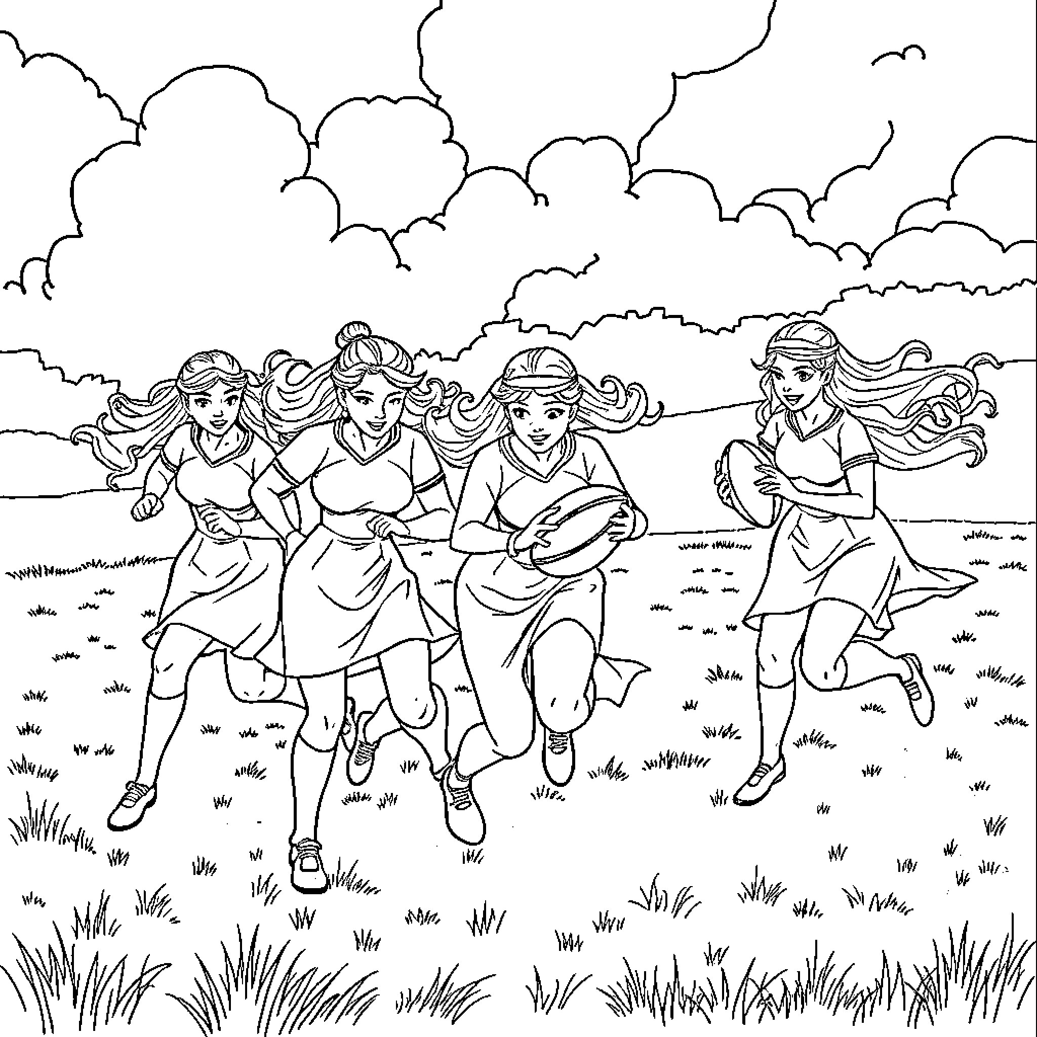 Princesses enjoying a joyful outdoor adventure Coloring Page (free black-and-white line drawing printable PDF for all, from beginners to advanced learners, including children, teens, adults, and seniors)