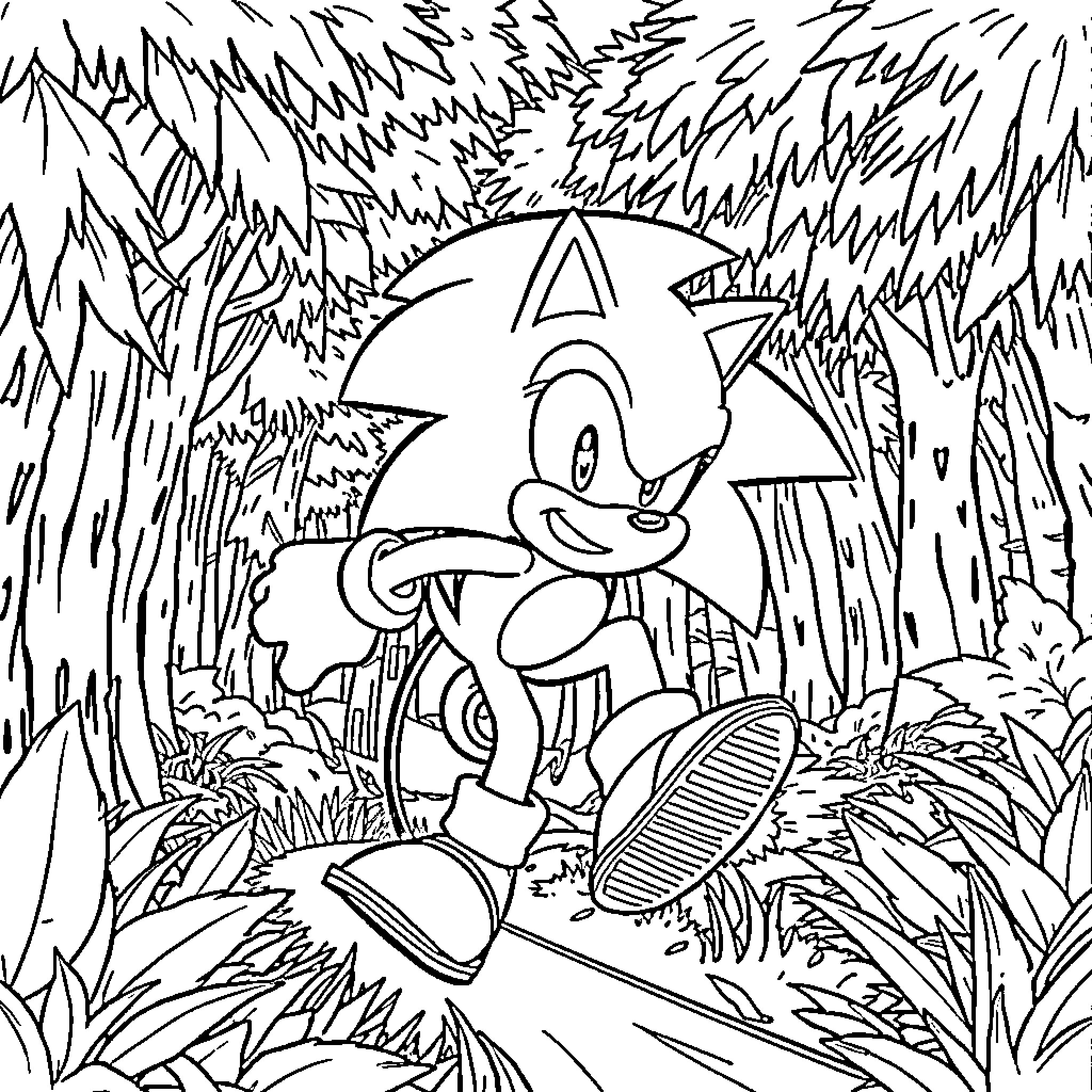 Sonic running through the dense forest Coloring Page (free black-and-white line drawing printable PDF for all, from beginners to advanced learners, including children, teens, adults, and seniors)