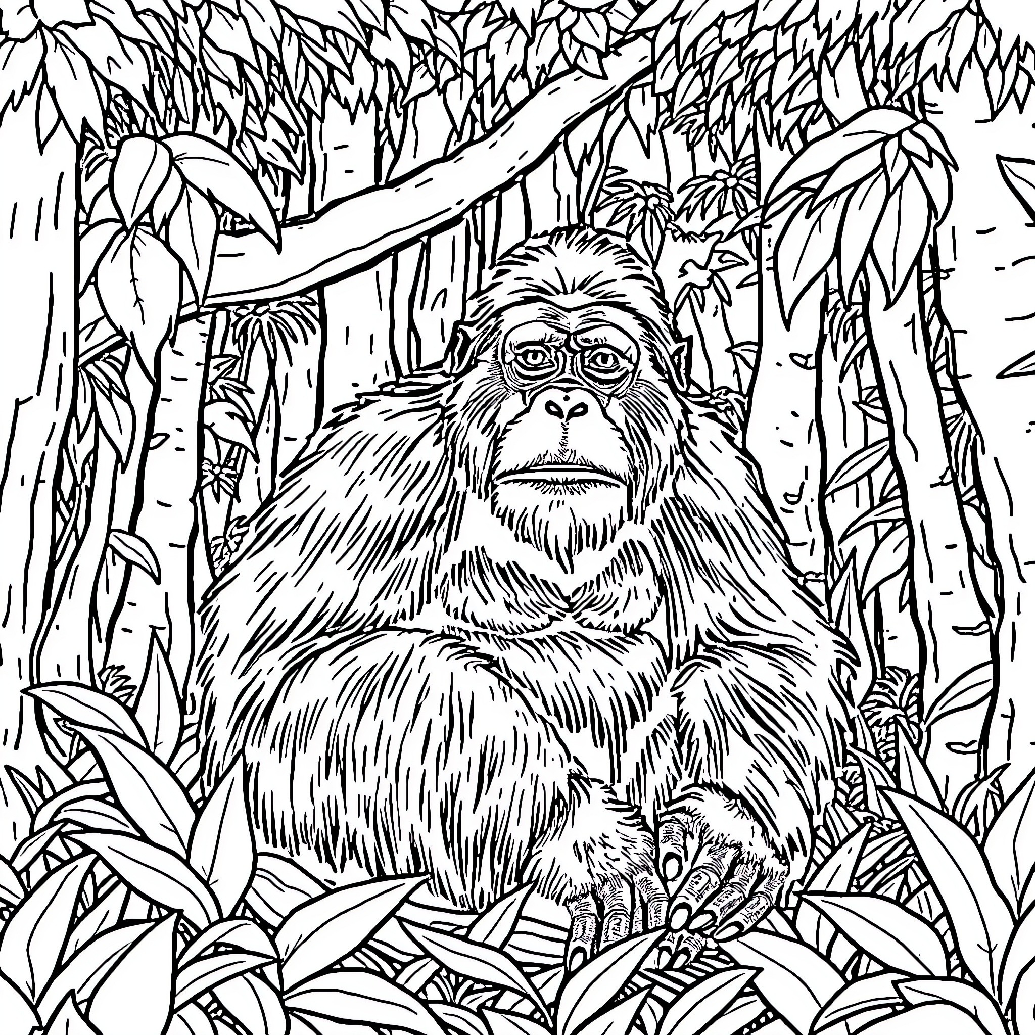 Orang in the Lush Jungle Landscape Coloring Page (free black-and-white line drawing printable PDF for all, from beginners to advanced learners, including children, teens, adults, and seniors)