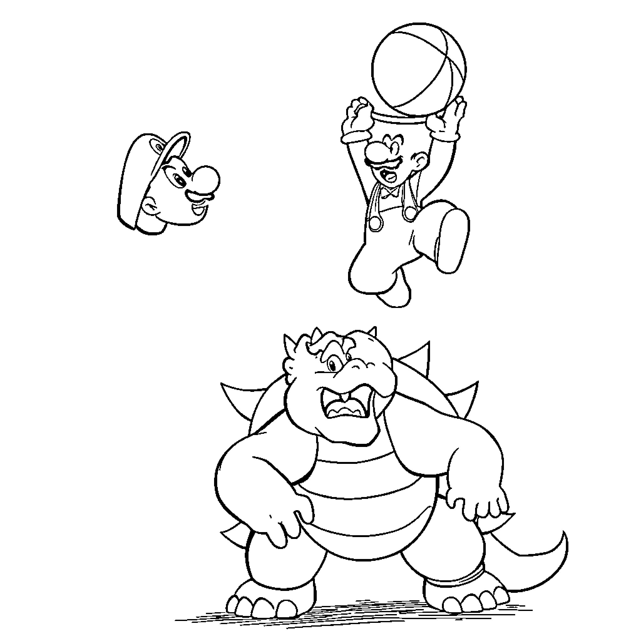 Mario characters playing and interacting Coloring Page (free black-and-white line drawing printable PDF for all, from beginners to advanced learners, including children, teens, adults, and seniors)
