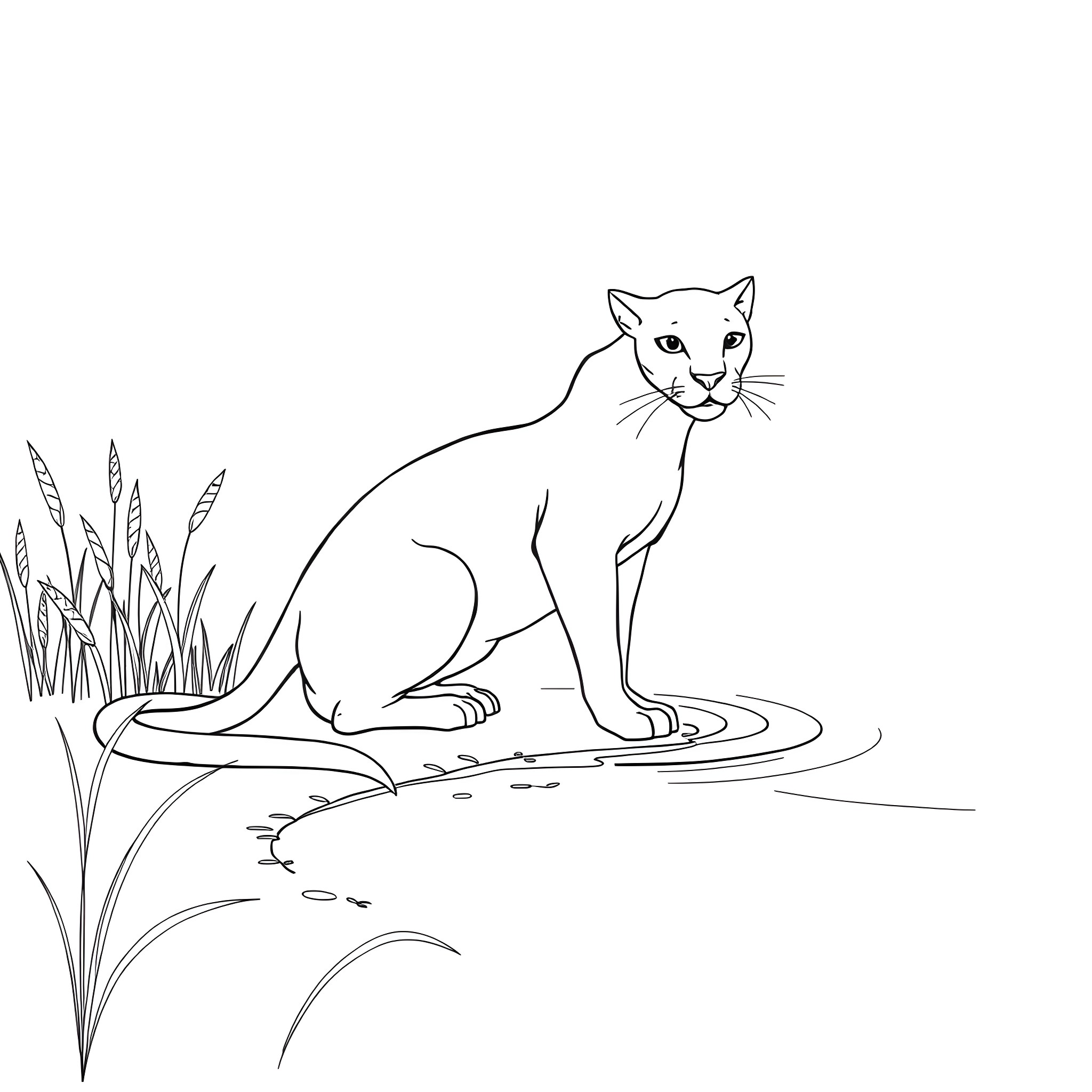 Mishipeshu - Cat prowling among reeds Coloring Page (free black-and-white line drawing printable PDF for all, from beginners to advanced learners, including children, teens, adults, and seniors)