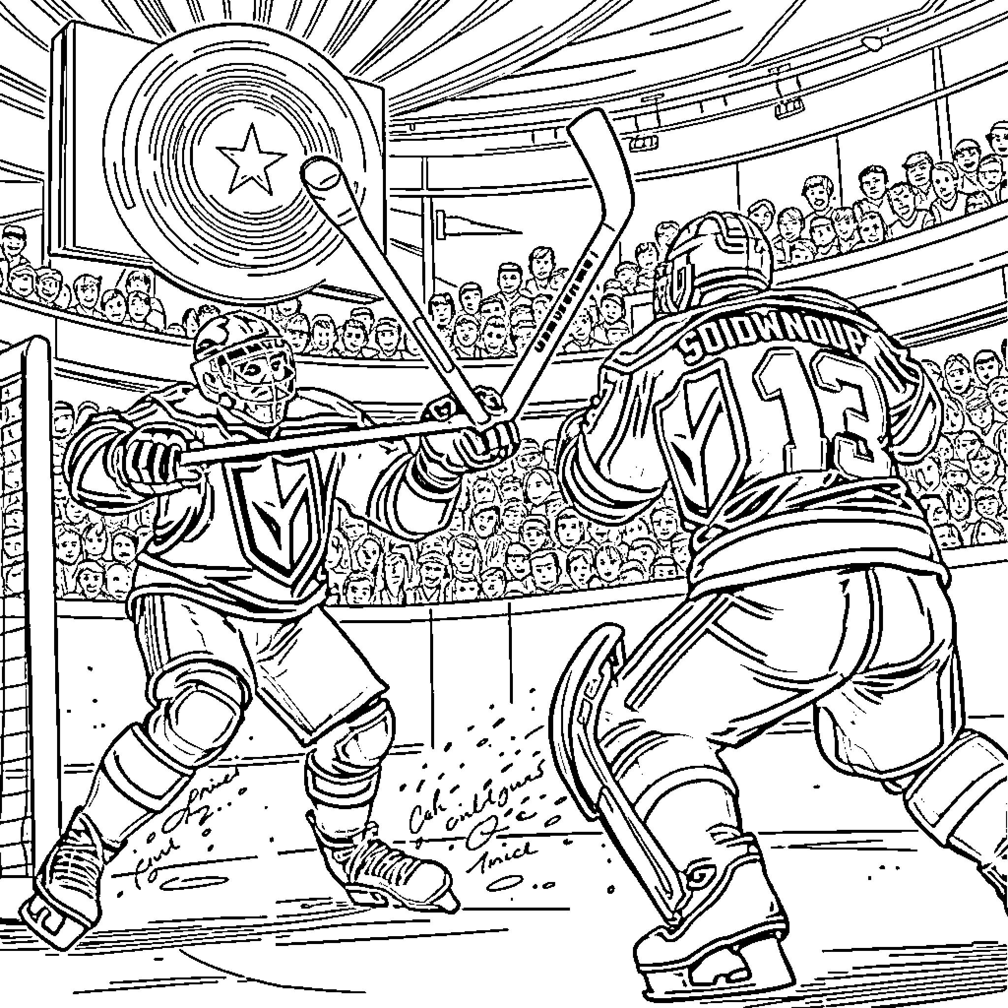 Vegas Golden Knights hockey players in action Coloring Page (free black-and-white line drawing printable PDF for all, from beginners to advanced learners, including children, teens, adults, and seniors)