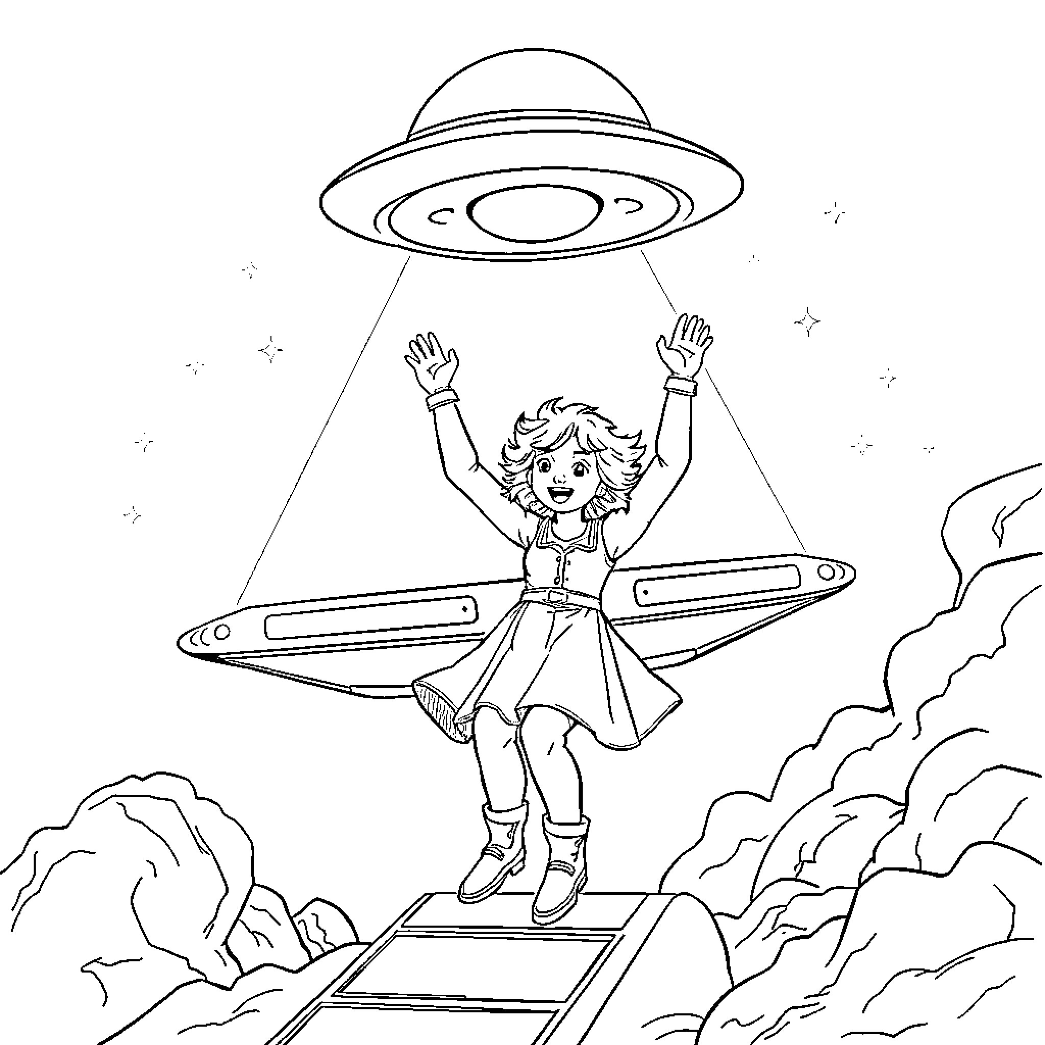Ruby Heywood abducted by a UFO in the mountains Coloring Page (free black-and-white line drawing printable PDF for all, from beginners to advanced learners, including children, teens, adults, and seniors)