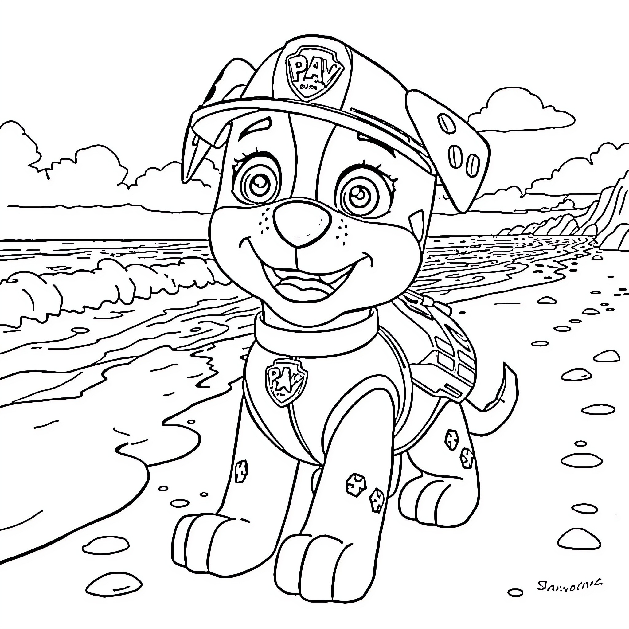 Marshall in action on the beach Coloring Page (free black-and-white line drawing printable PDF for all, from beginners to advanced learners, including children, teens, adults, and seniors)
