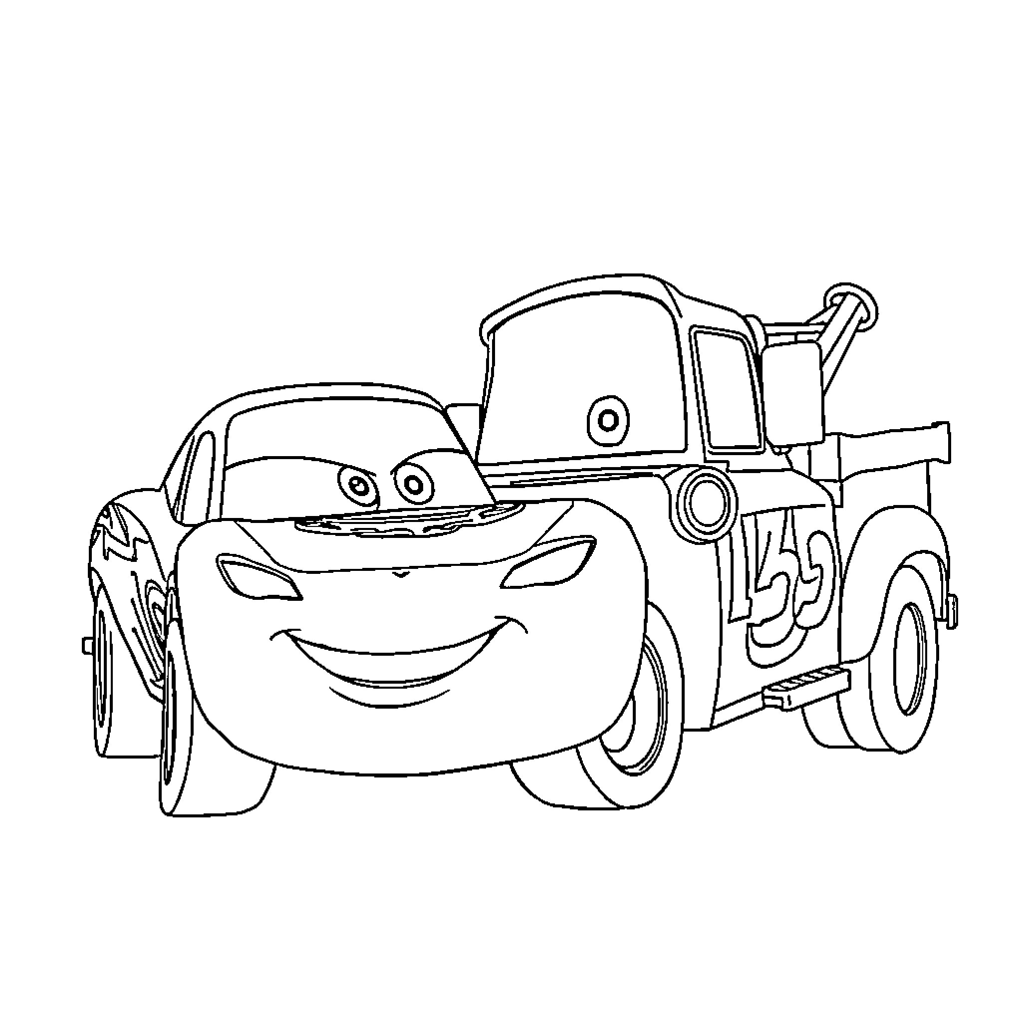 Lightning McQueen towing truck with friendly expression Coloring Page (free black-and-white line drawing printable PDF for all, from beginners to advanced learners, including children, teens, adults, and seniors)