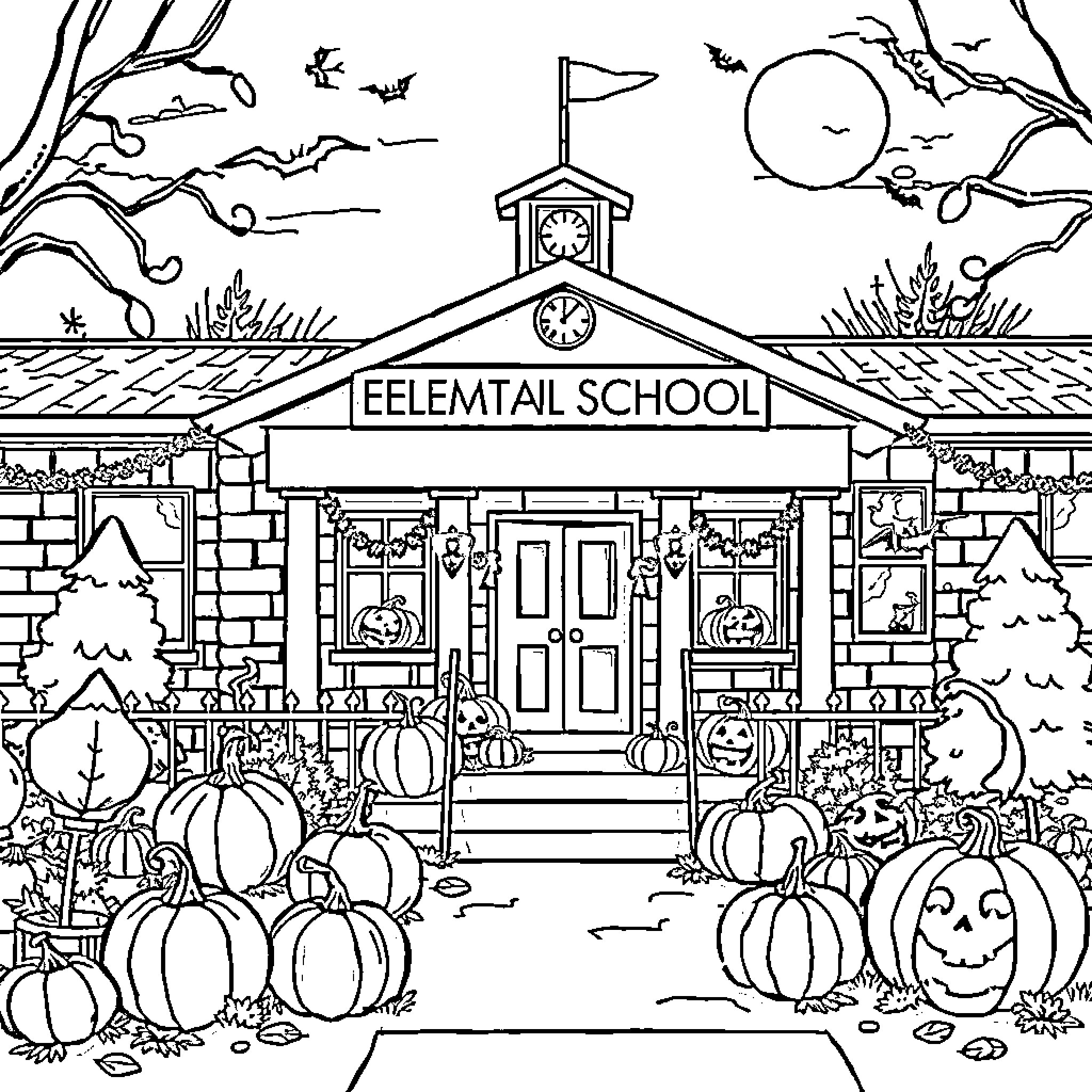 Tabernacle of the Spooky School at Halloween Coloring Page (free black-and-white line drawing printable PDF for all, from beginners to advanced learners, including children, teens, adults, and seniors)