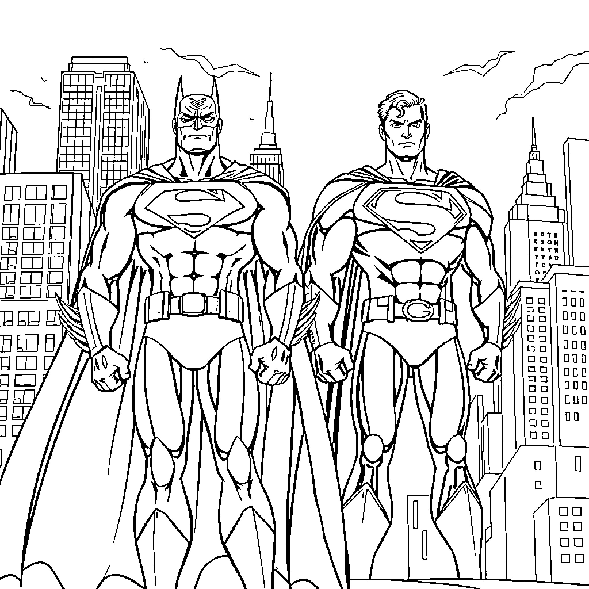 Batman and Superman standing heroically in the city Coloring Page (free black-and-white line drawing printable PDF for all, from beginners to advanced learners, including children, teens, adults, and seniors)