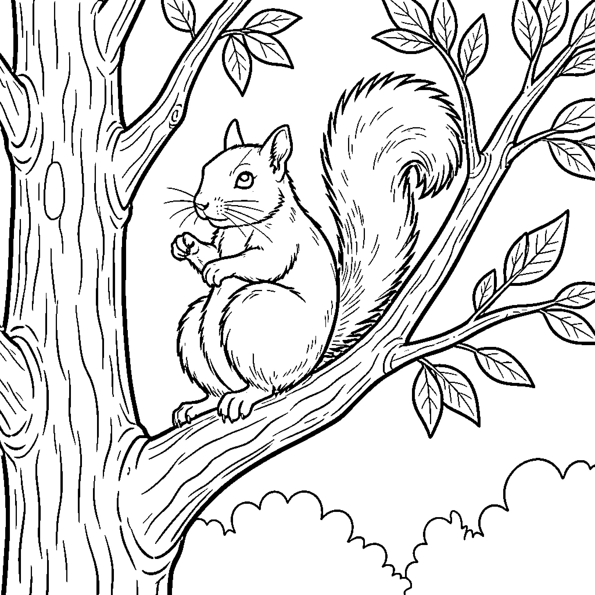 Squirrel sitting on a tree branch holding a nut Coloring Page (free black-and-white line drawing printable PDF for all, from beginners to advanced learners, including children, teens, adults, and seniors)