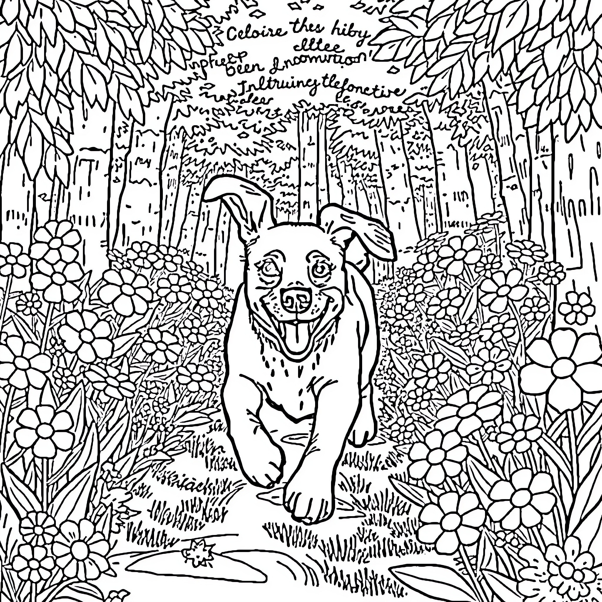 Dog exploring the lush forest Coloring Page (free black-and-white line drawing printable PDF for all, from beginners to advanced learners, including children, teens, adults, and seniors)
