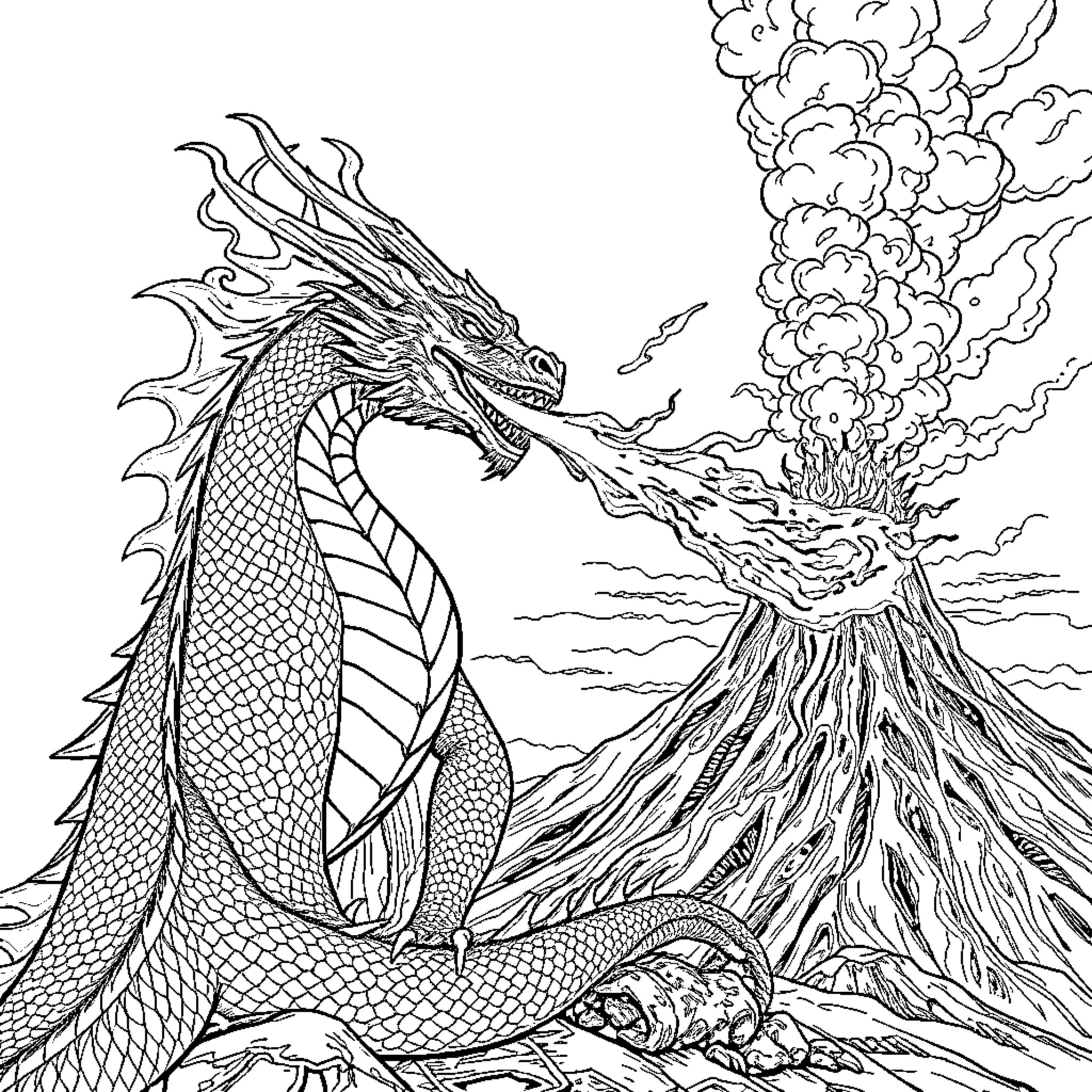 Dragon breathing fiery plumes above a volcanic eruption Coloring Page (free black-and-white line drawing printable PDF for all, from beginners to advanced learners, including children, teens, adults, and seniors)