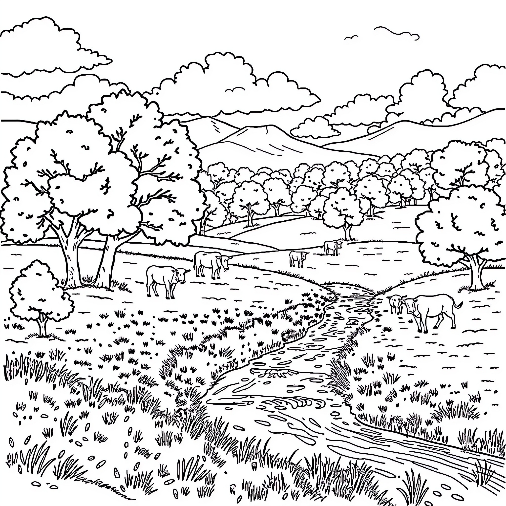 Tree-lined Countryside Landscape with Winding Path Coloring Page (free black-and-white line drawing printable PDF for all, from beginners to advanced learners, including children, teens, adults, and seniors)