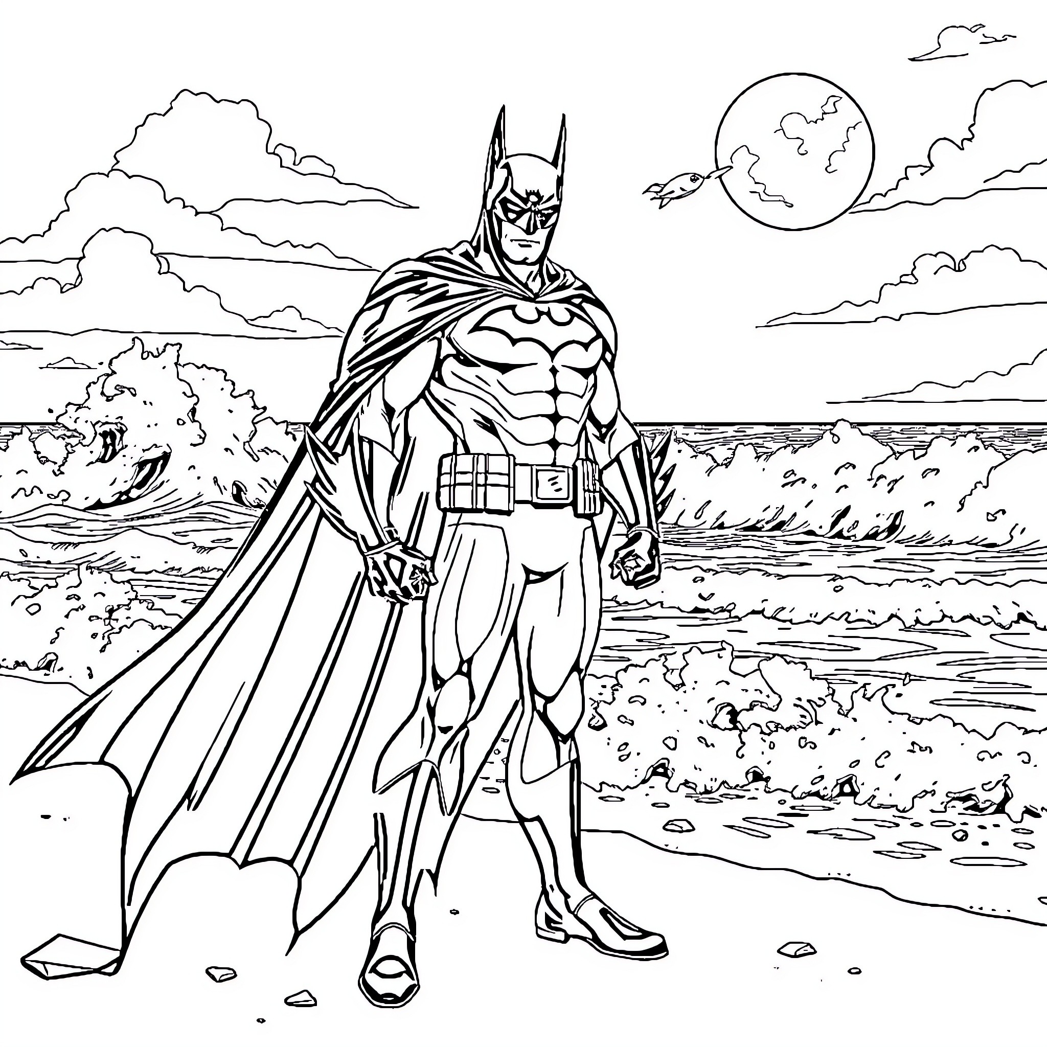 Batman standing heroically on a beach Coloring Page (free black-and-white line drawing printable PDF for all, from beginners to advanced learners, including children, teens, adults, and seniors)