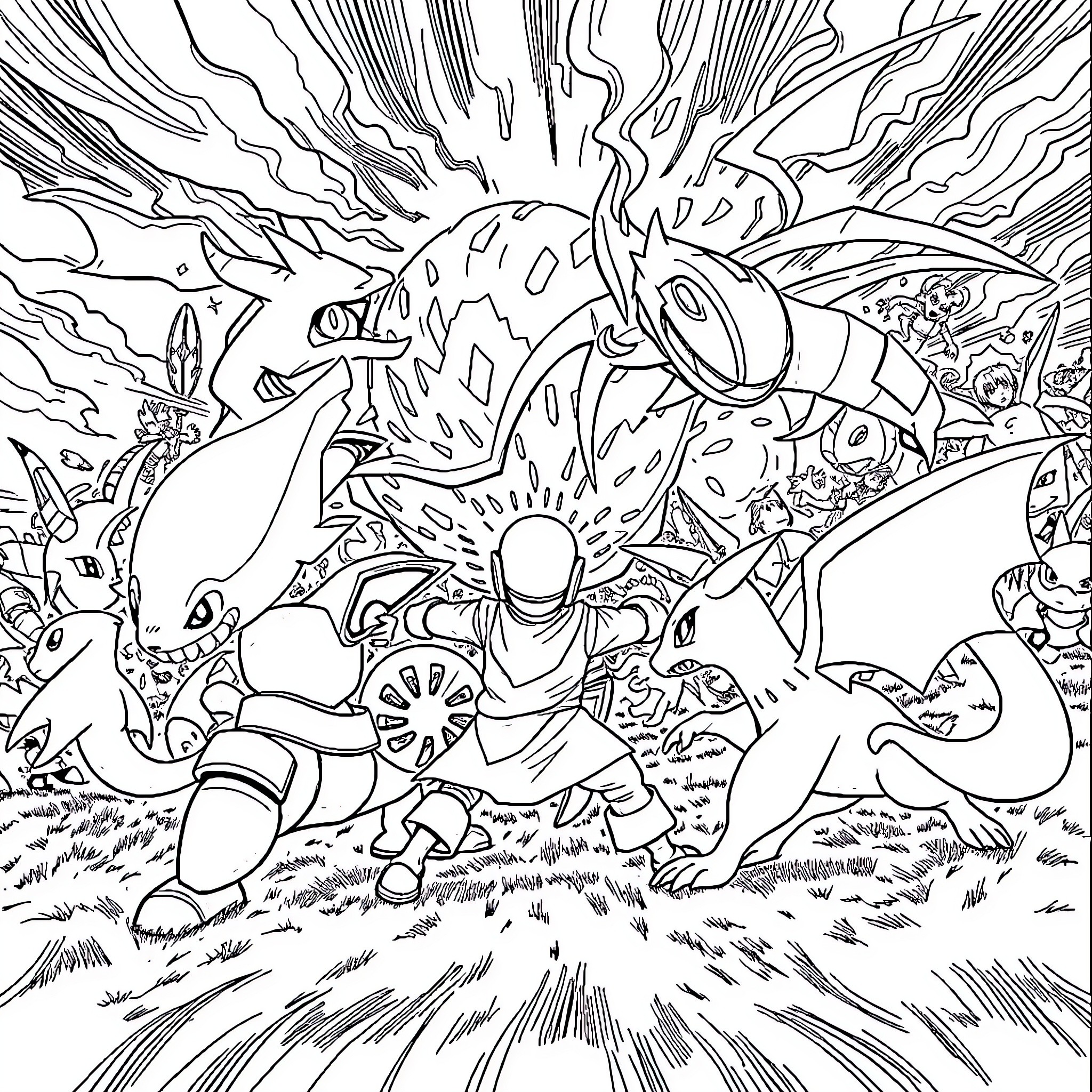 Pokémon Trainer Battling Fearsome Legendary Creatures Coloring Page (free black-and-white line drawing printable PDF for all, from beginners to advanced learners, including children, teens, adults, and seniors)