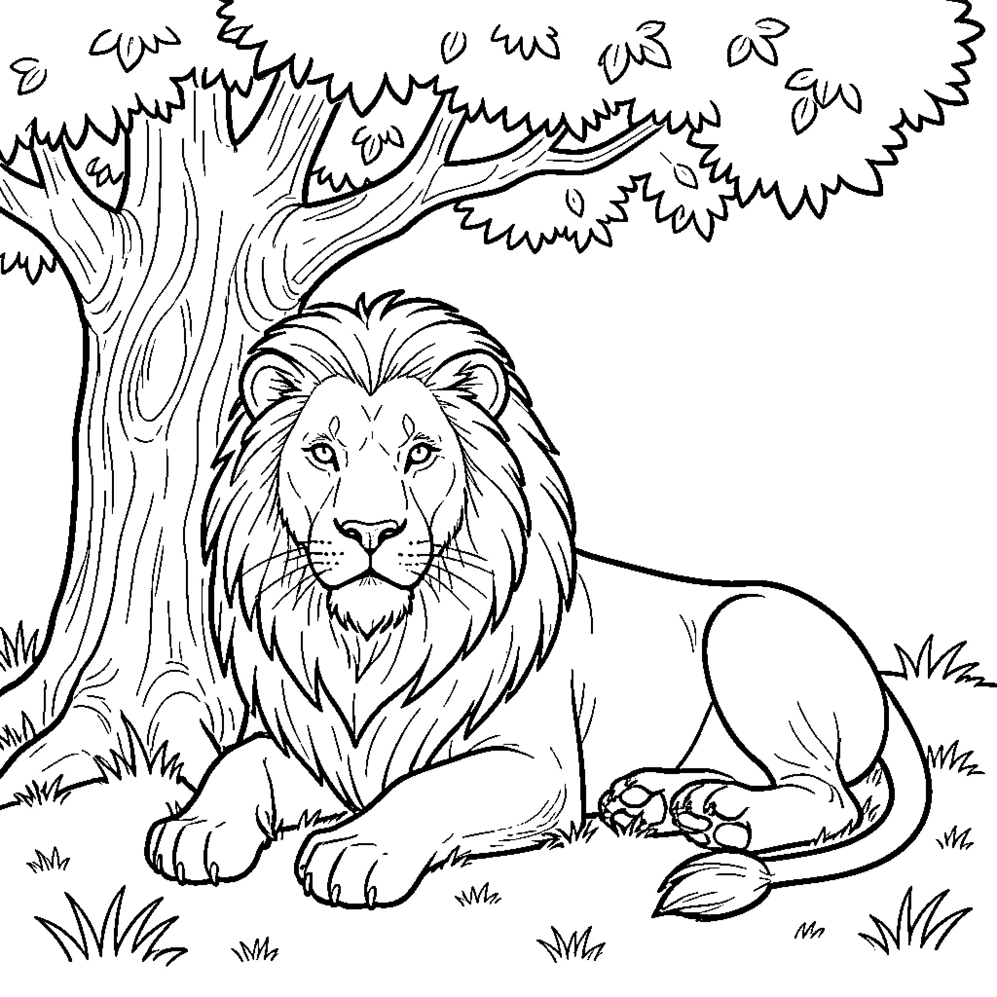 Lion resting calmly under a tree Coloring Page (free black-and-white line drawing printable PDF for all, from beginners to advanced learners, including children, teens, adults, and seniors)