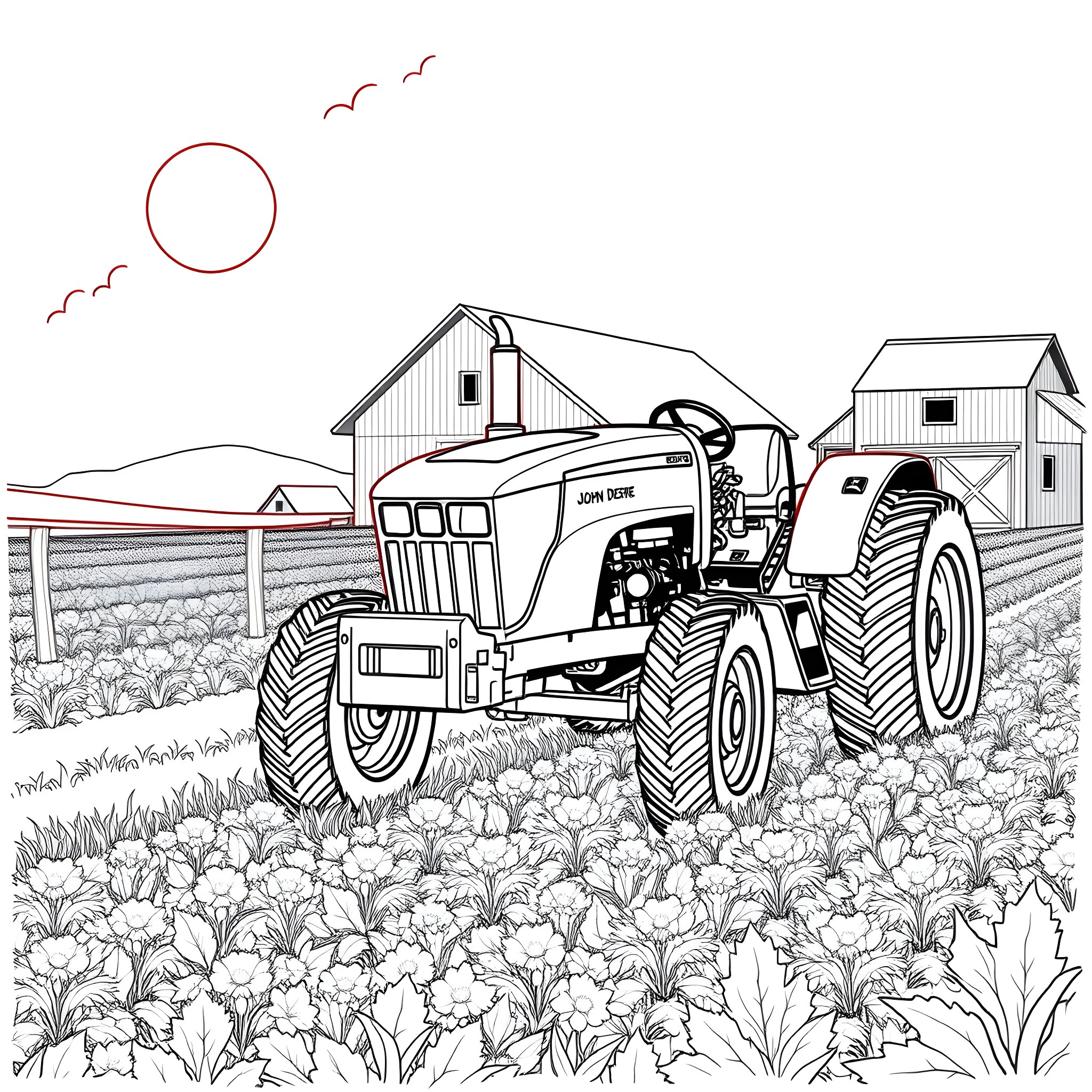 Tractor plowing through a rural field Coloring Page (free black-and-white line drawing printable PDF for all, from beginners to advanced learners, including children, teens, adults, and seniors)