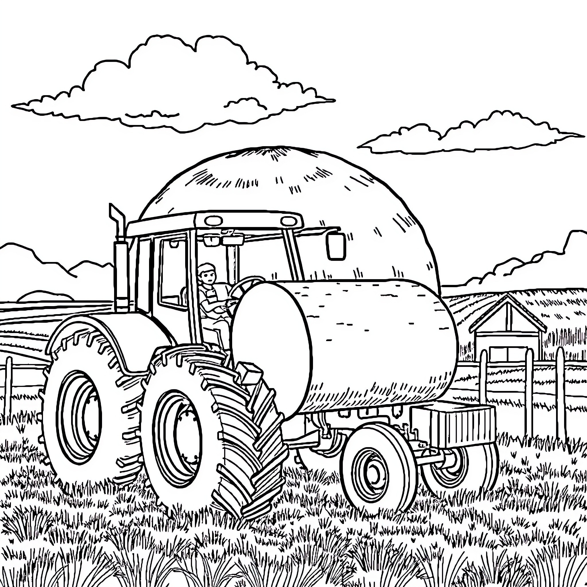 Tractor harvesting crops on a farmland Coloring Page (free black-and-white line drawing printable PDF for all, from beginners to advanced learners, including children, teens, adults, and seniors)