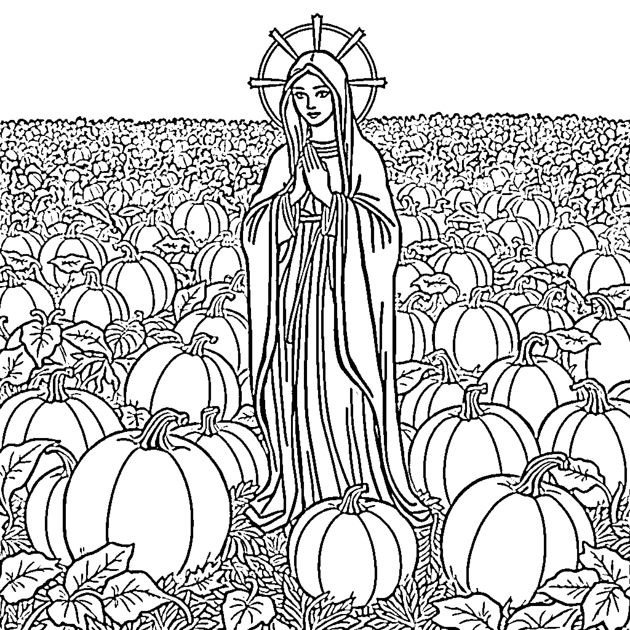 Madonna surrounded by pumpkins in a field Coloring Page (free black-and-white line drawing printable PDF for all, from beginners to advanced learners, including children, teens, adults, and seniors)