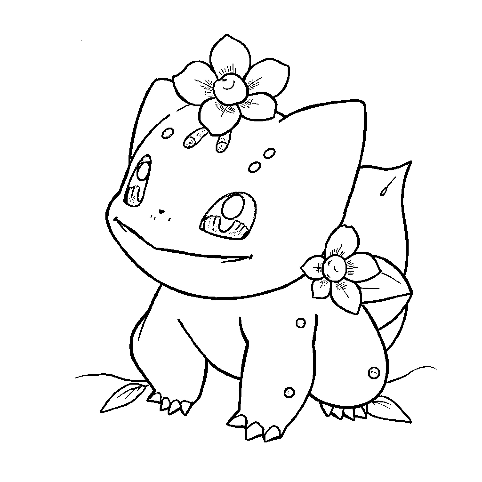 Bulbasaur with Flower Adorned Coloring Page (free black-and-white line drawing printable PDF for all, from beginners to advanced learners, including children, teens, adults, and seniors)