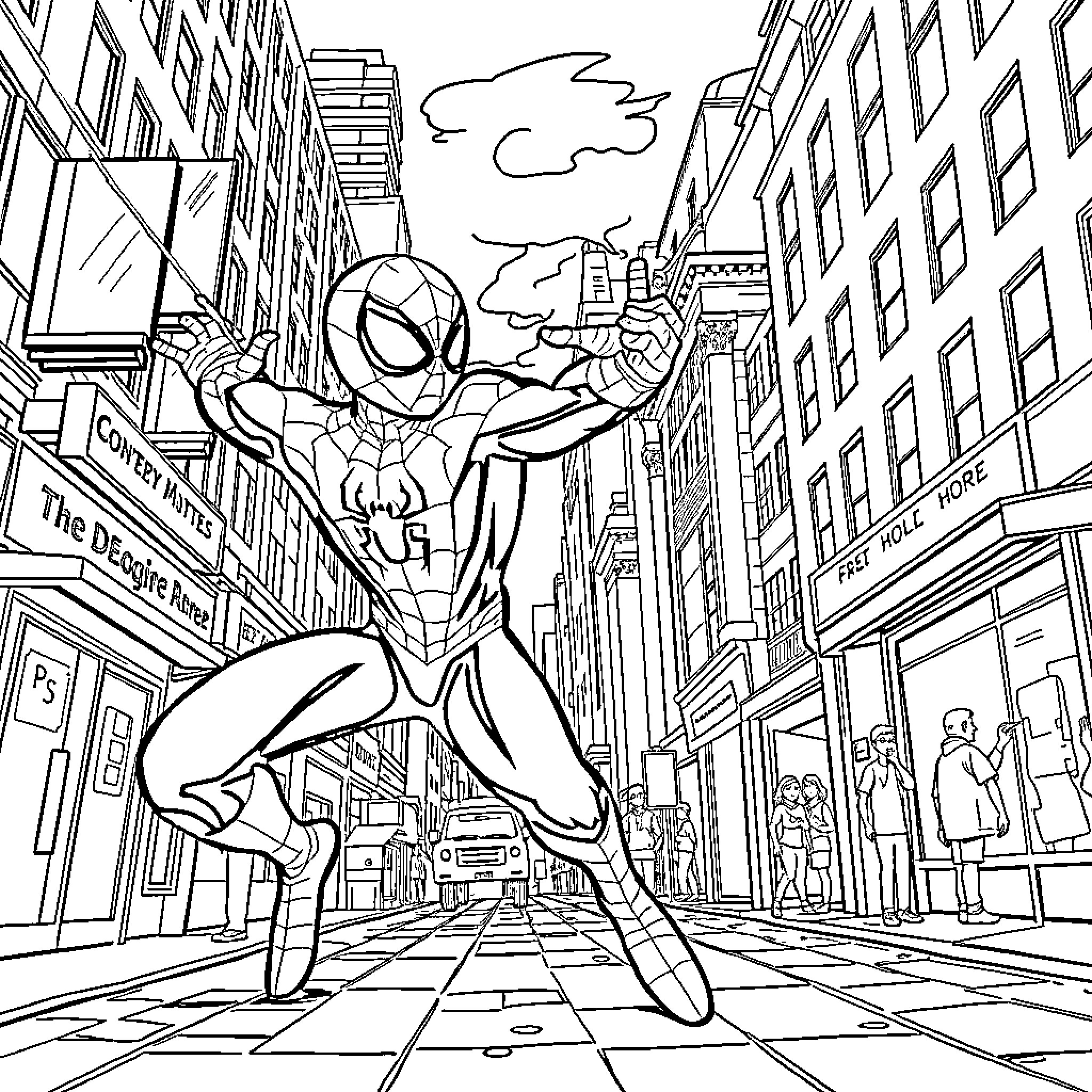 Spiderman swinging through the city streets Coloring Page (free black-and-white line drawing printable PDF for all, from beginners to advanced learners, including children, teens, adults, and seniors)